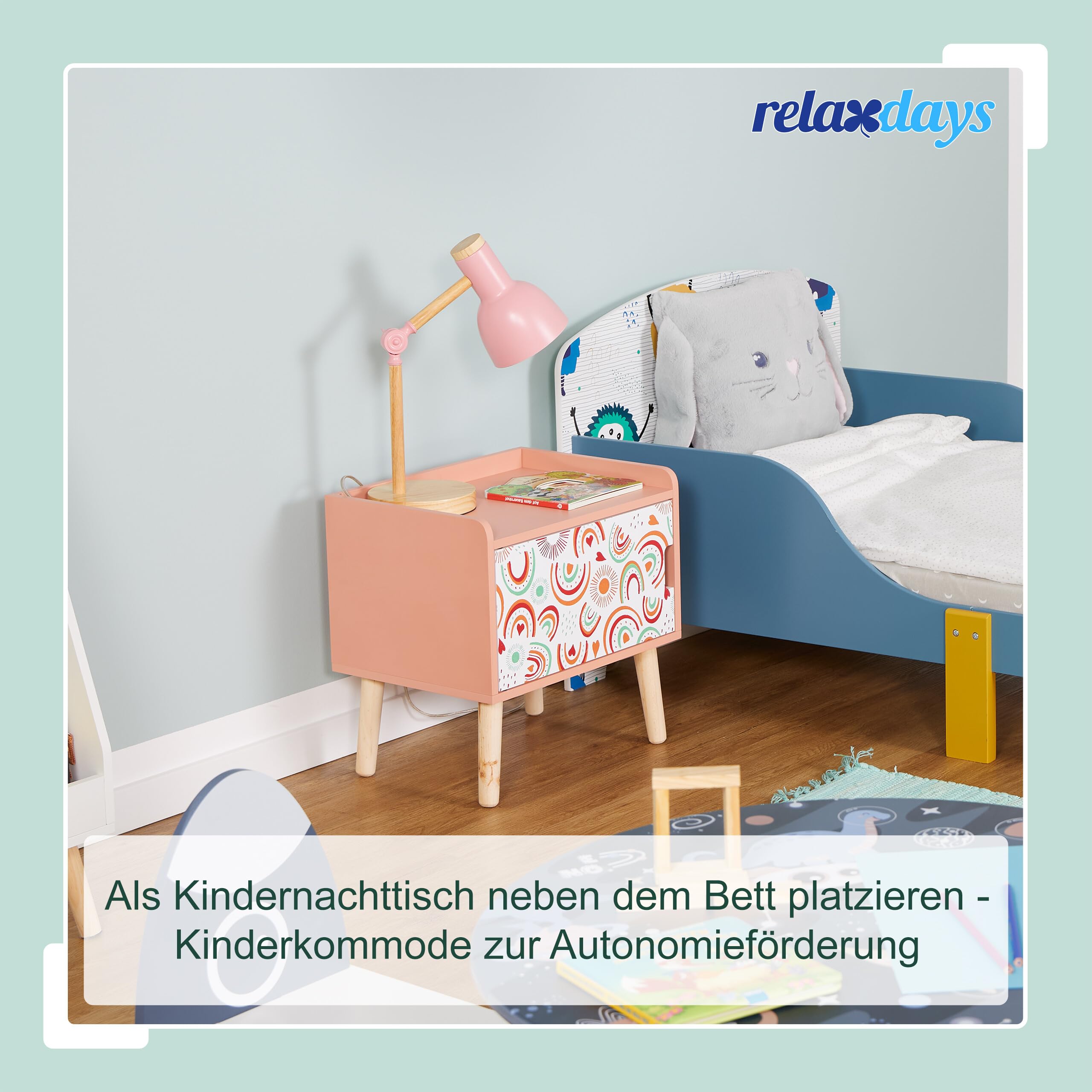 Relaxdays Nachttisch Kinder, mit Staufach, HBT: 41 x 40 x 30 cm, Kinderzimmer, Kinderkommode Regenbogen, Holz, MDF, bunt, Rainbows