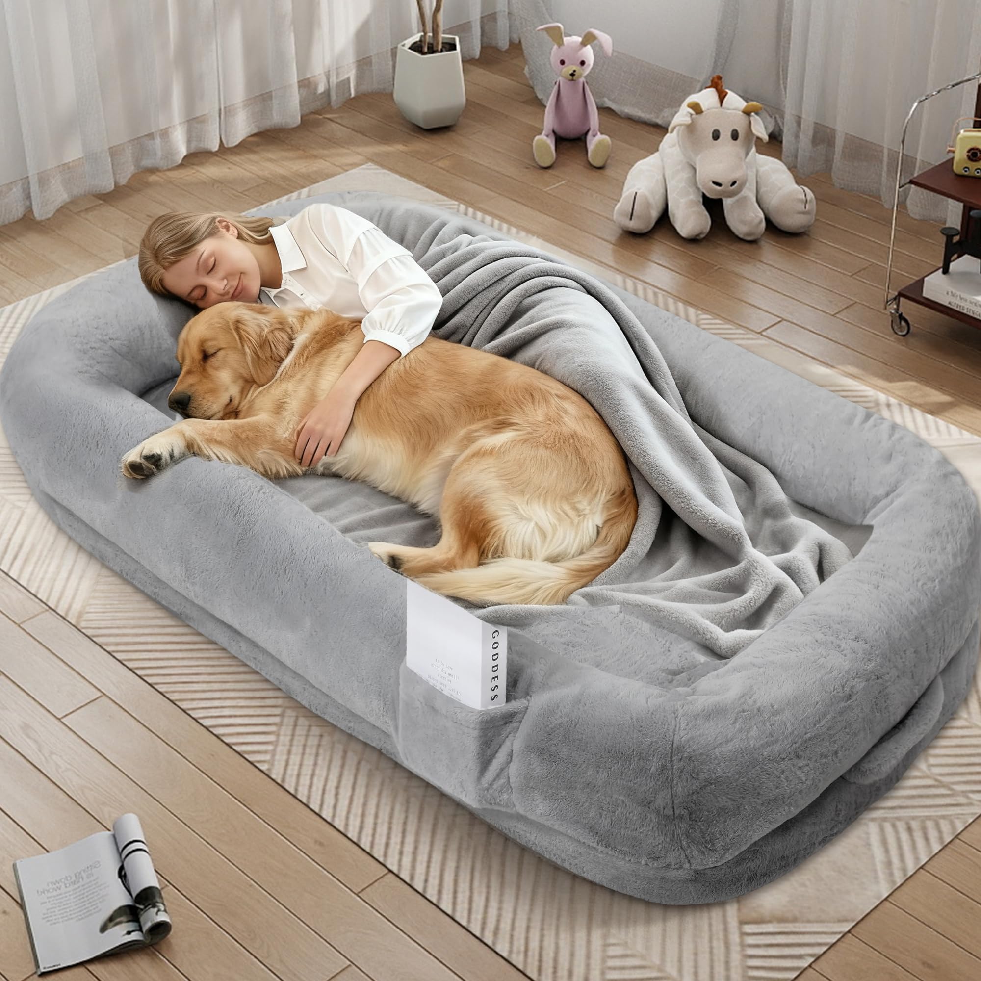 Human Dog Bed for Adults, 43 x 10 x 71 Long Human Size Dog Bed, Removable Cover, Washable, Waterproof, Orthopedic Design Light Grey