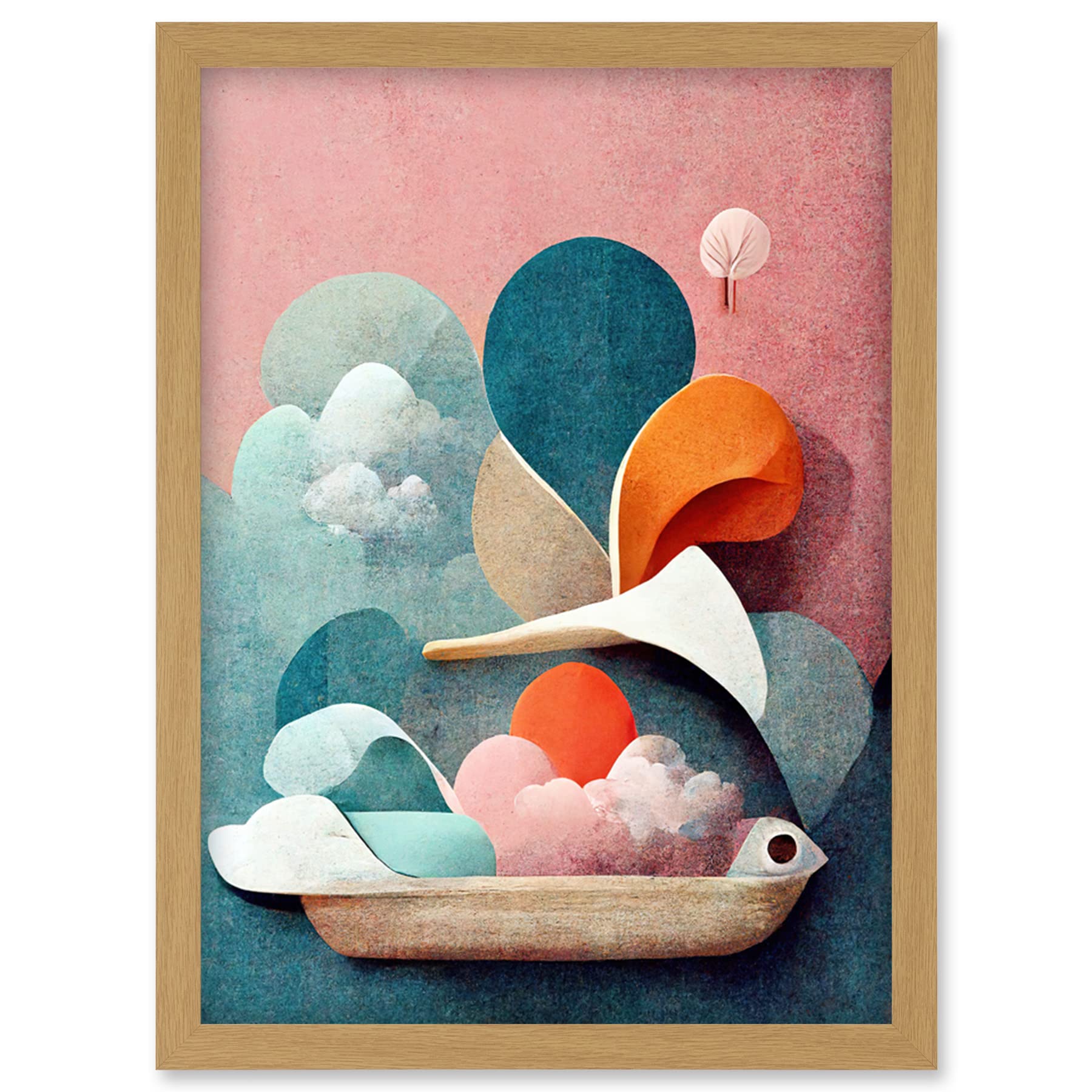 Doppelganger33 LTD Modern Boho Abstract Ship In Sky Clouds In Pastel Colours Toilet Artwork Framed Wall Art Print A4