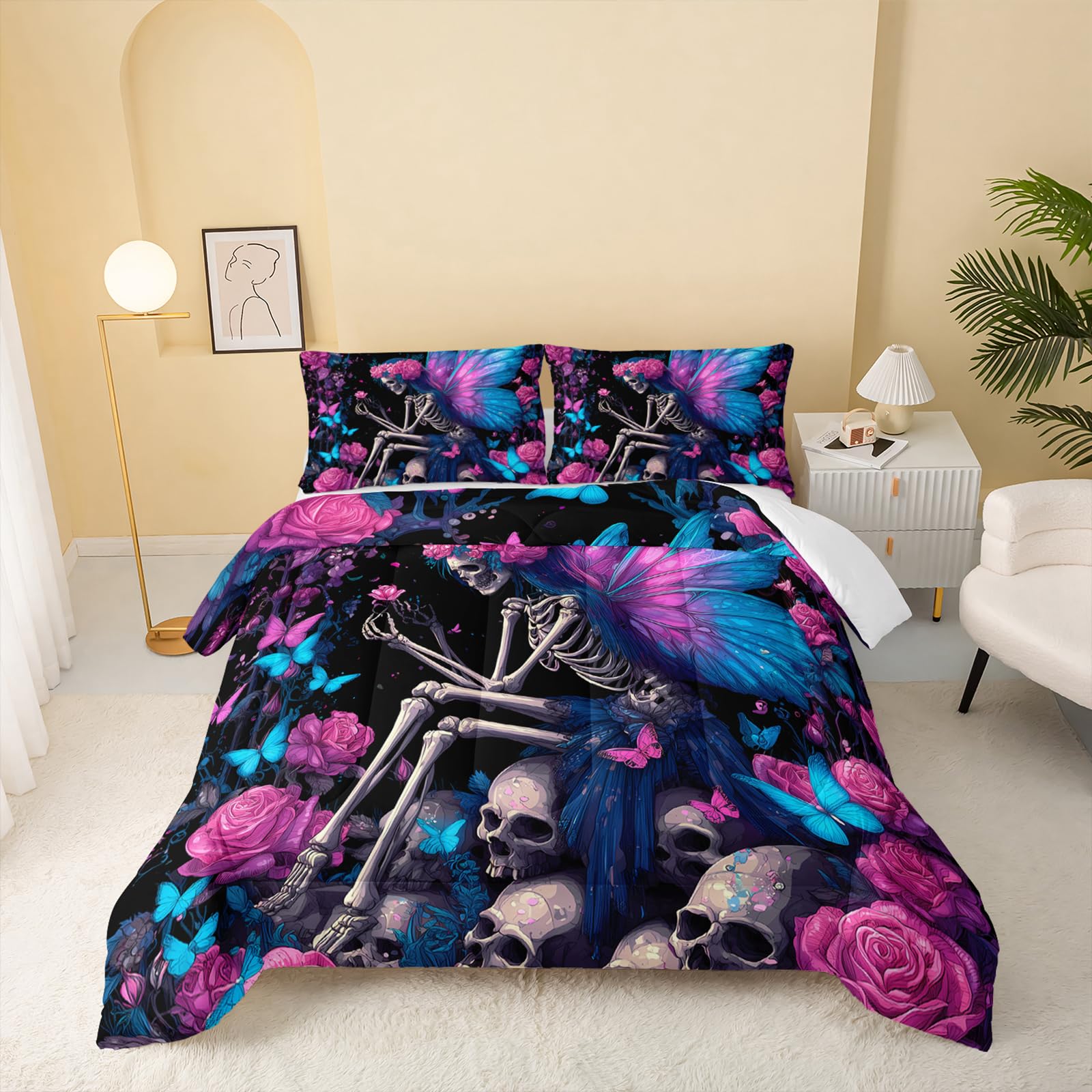 QOOMO Cartoon Skull Kids Comforter Set,Blue Butterfly Bedding Set Full Size for Boys Girls Room Decoration,Black Bed Set Microfiber Lightweight,1 Comforter 2 Pillowcases