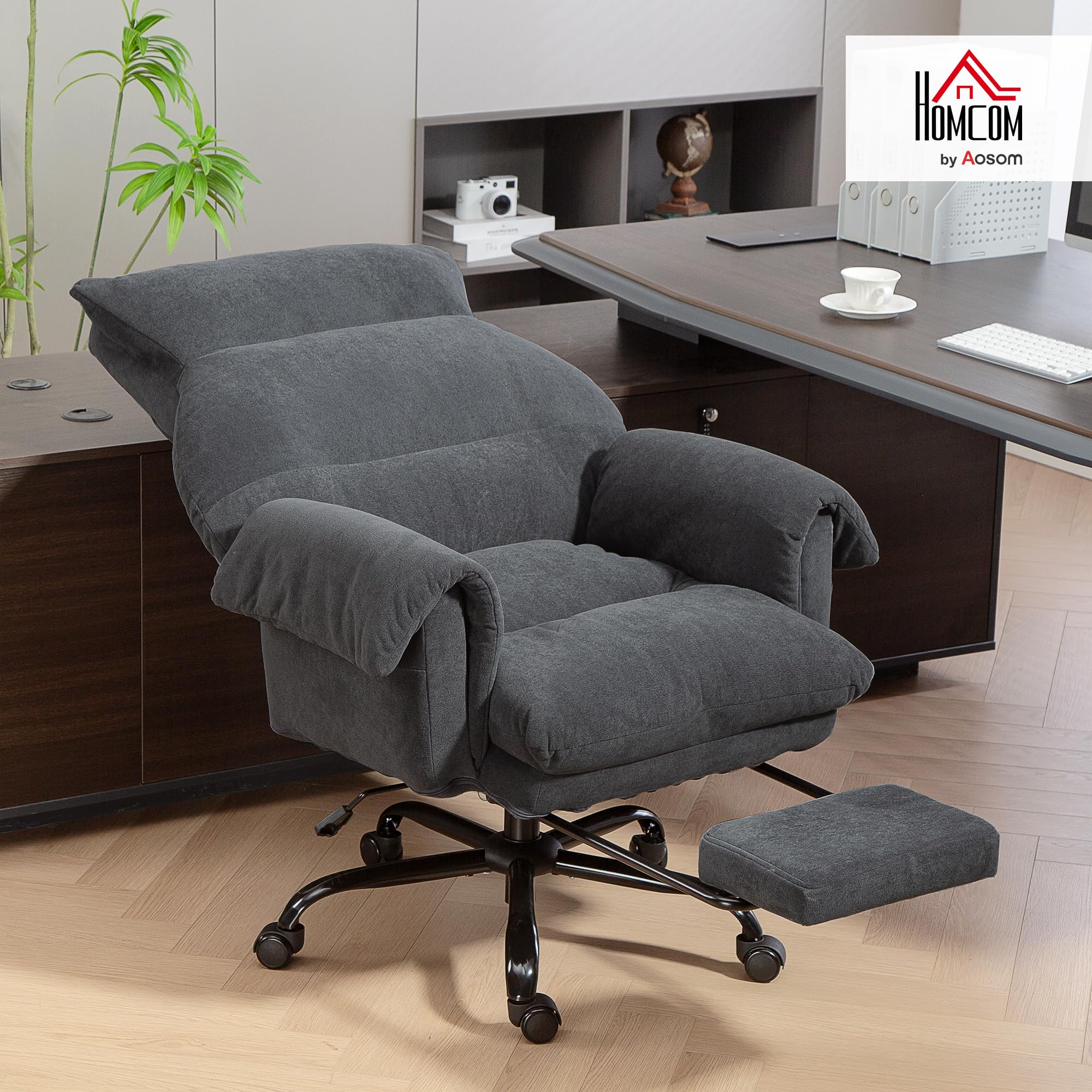 HOMCOM Silla de Escritorio con Reposapiés, Silla de Oficina Giratoria, con Respaldo Reclinable y Alto, Asiento y Reposabrazos Anchos, Acolchado Grueso, Tapizada en Terciopelo, Altura Ajustable, Gris