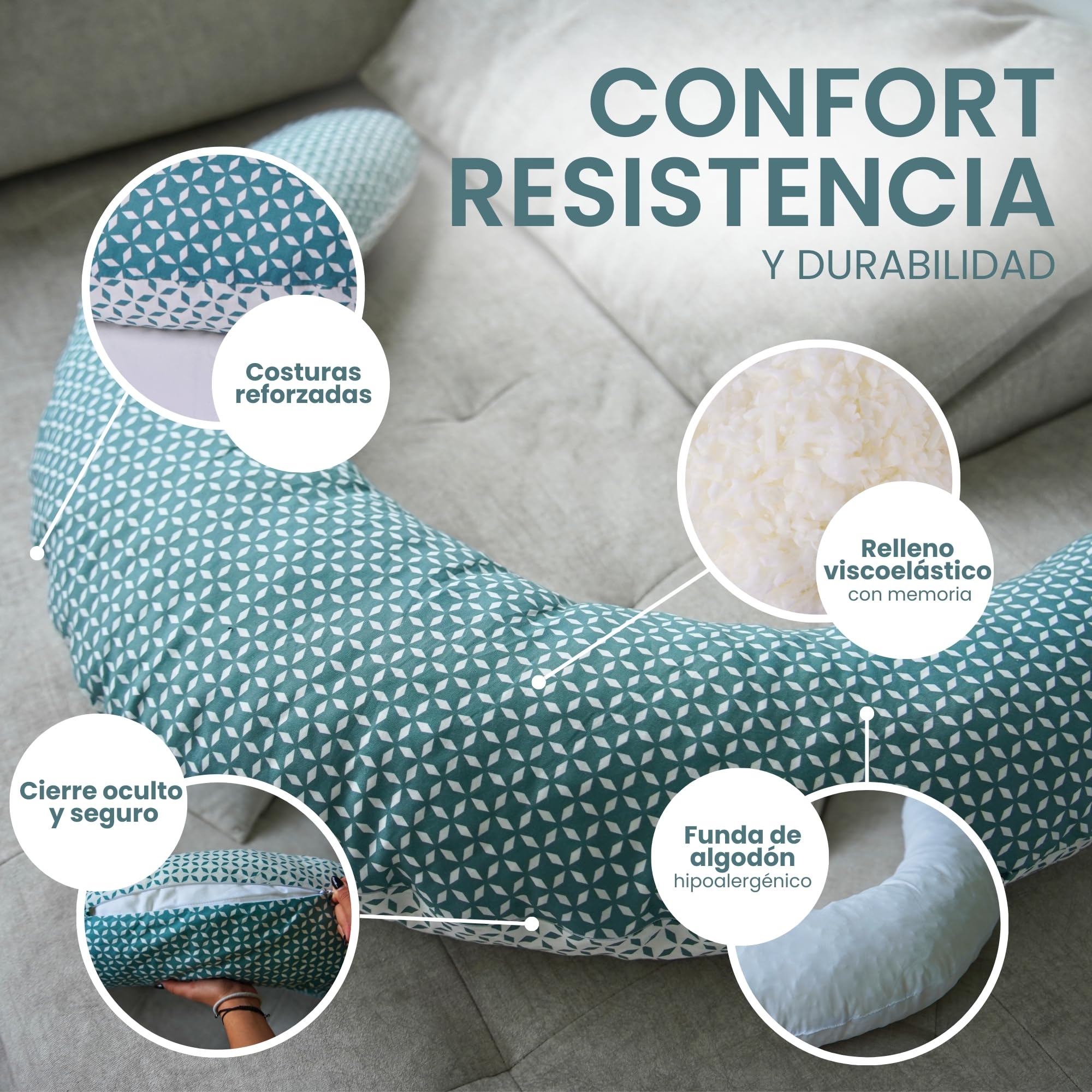 MATERNIKA Almohada Embarazada y cojin de Lactancia-XL Oeko-Tex. Multifunción 3 en 1 para Dormir, para la Lactancia y como Nido Bebe - Relleno de Espuma viscoelástica - Incluye Muselina para Bebe.