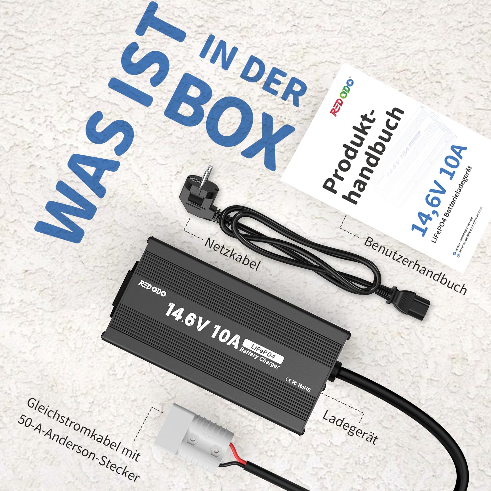 Redodo 14,6V 10A Lifepo4 Cargador de Batería para Baterías Litio Hierro Fosfato, Carga Rápida, Alta Eficiencia de Carga, Diseñado para Cargar Baterías LiFePO4 en Ciclo Profundo
