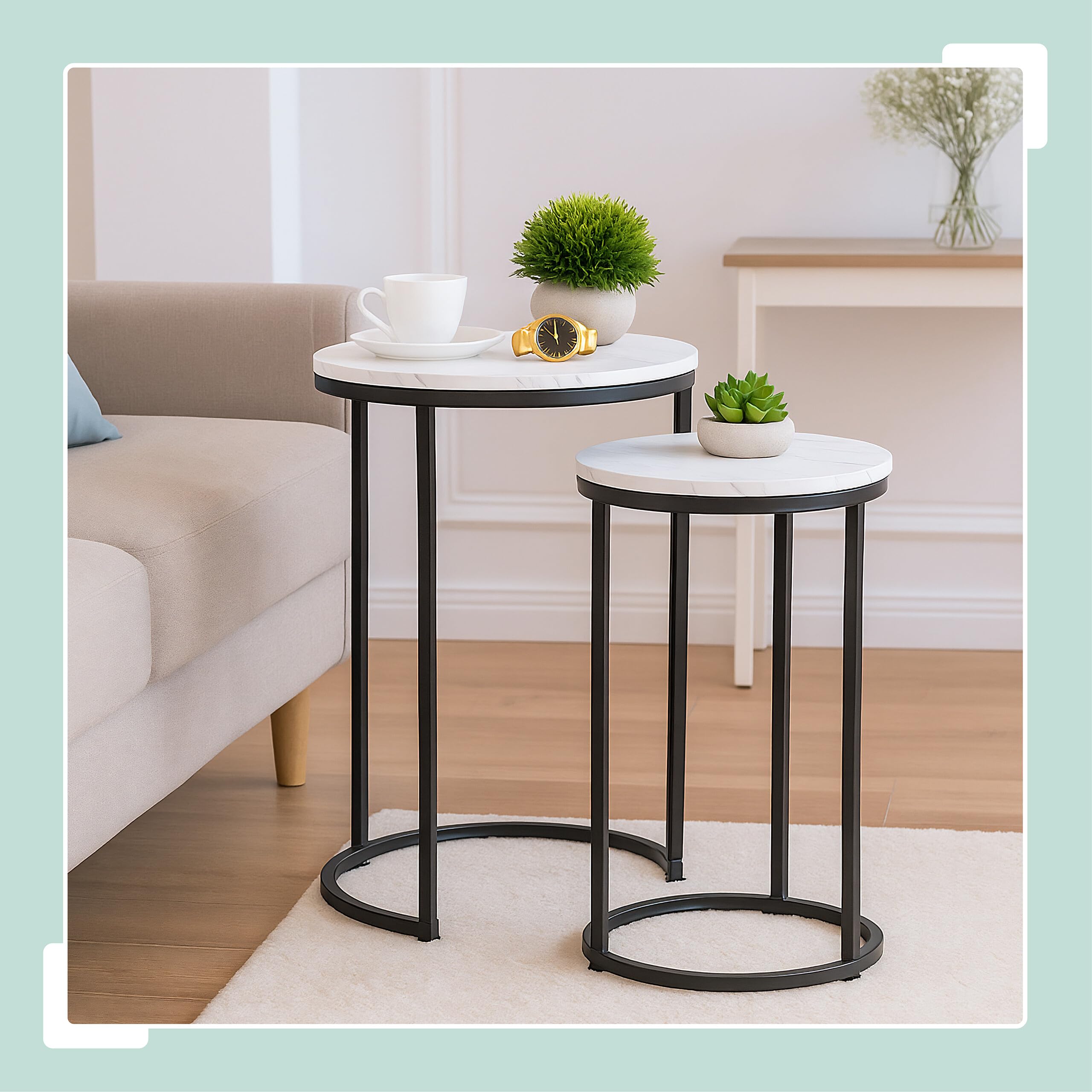 Relaxdays Tavolini da Salotto, Set da 2 Tavoli Bassi da caffè da Divano, Comodini Rotondi Effetto Marmo, Nero Bianco