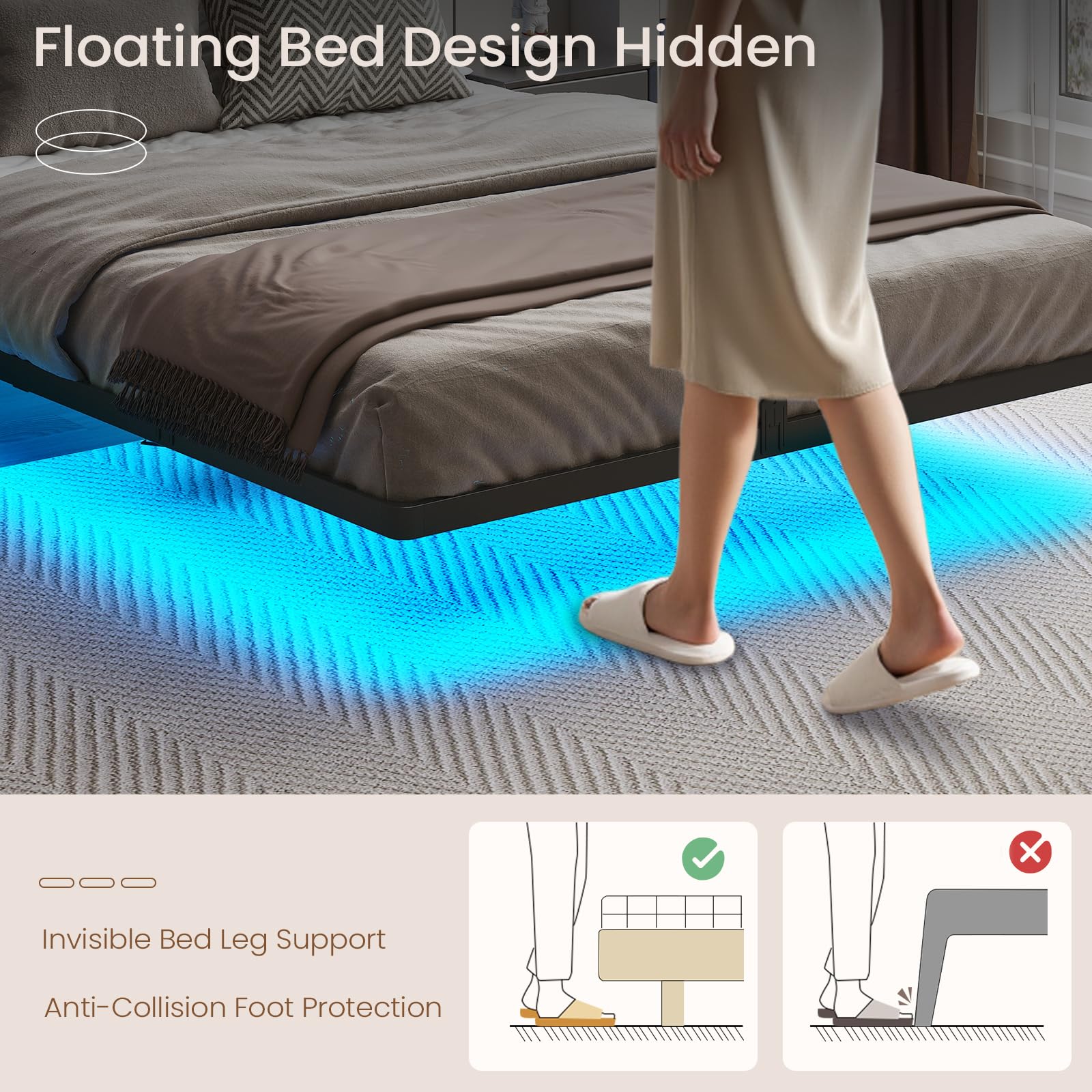 Brinlawb Full Floating Bed Frame with Charging Station and LED Lights, Upholstered Headboard with Storage, Full Size Metal Bed Frame with Heavy Duty Steel Slats, No Box Spring Needed, Easy Assembly: Black & Grey Full