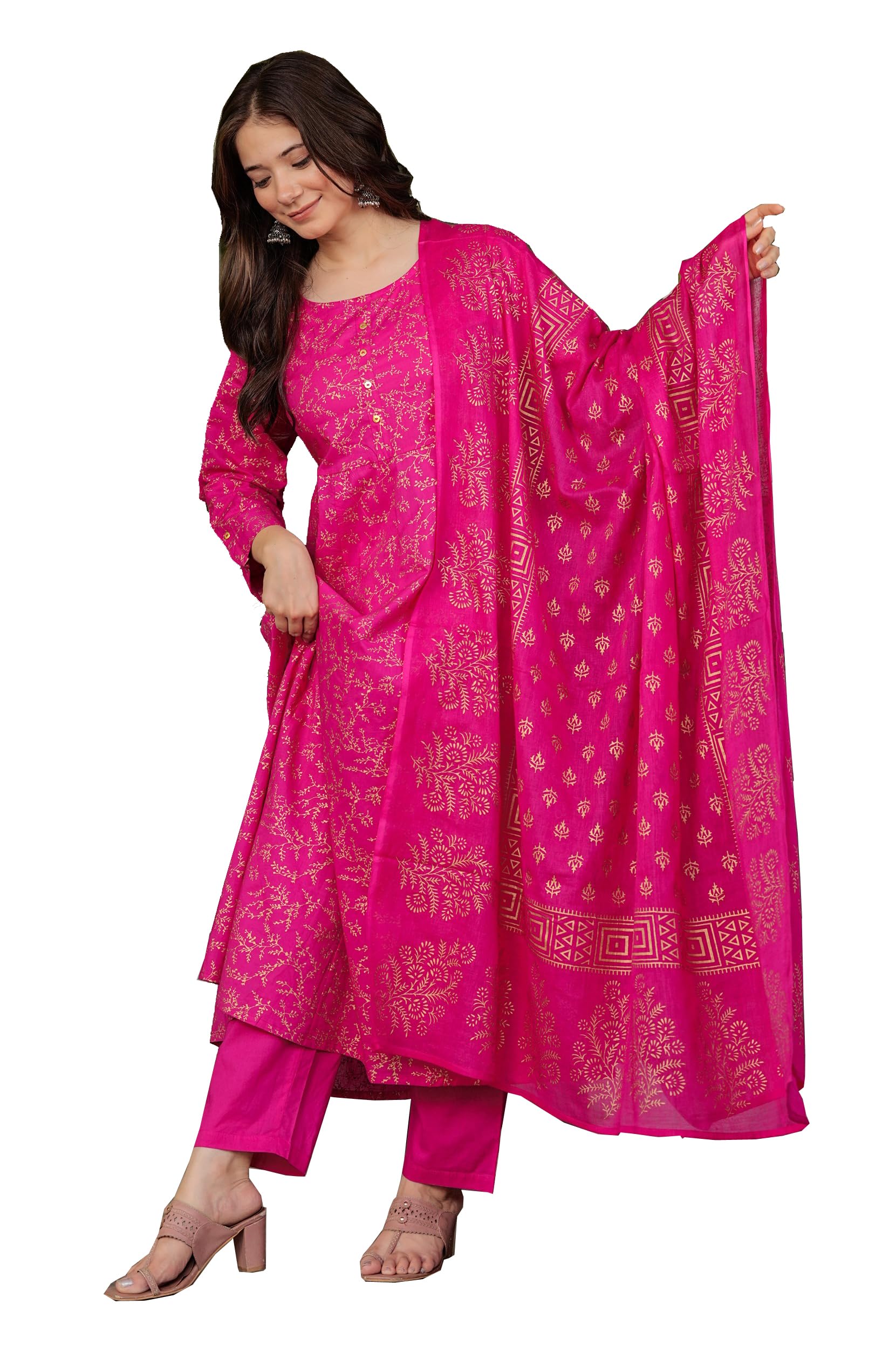 parthvi Women's Printed Cotton Anarkali Kurta & Pant With Dupatta Set-picture-23