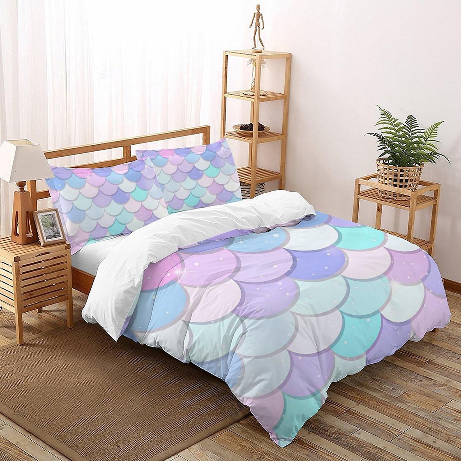 SHOVERKD 3D Printed Mermaid Scale Majesty Duvet Cover Bedding Set 3 Pcs Soft Microfiber with Pillowcases,Hidden Zipper for Kid Teens Double（200x200cm） Room Decor