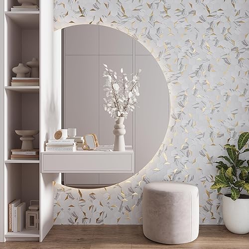 Miniatura 3 de Azulejo de pared para salpicaduras de pelar y pegar. 10 láminas autoadhesivas de mármol sintético hexagonal blanco y dorado de 11.6 x 11.5 pulgadas,