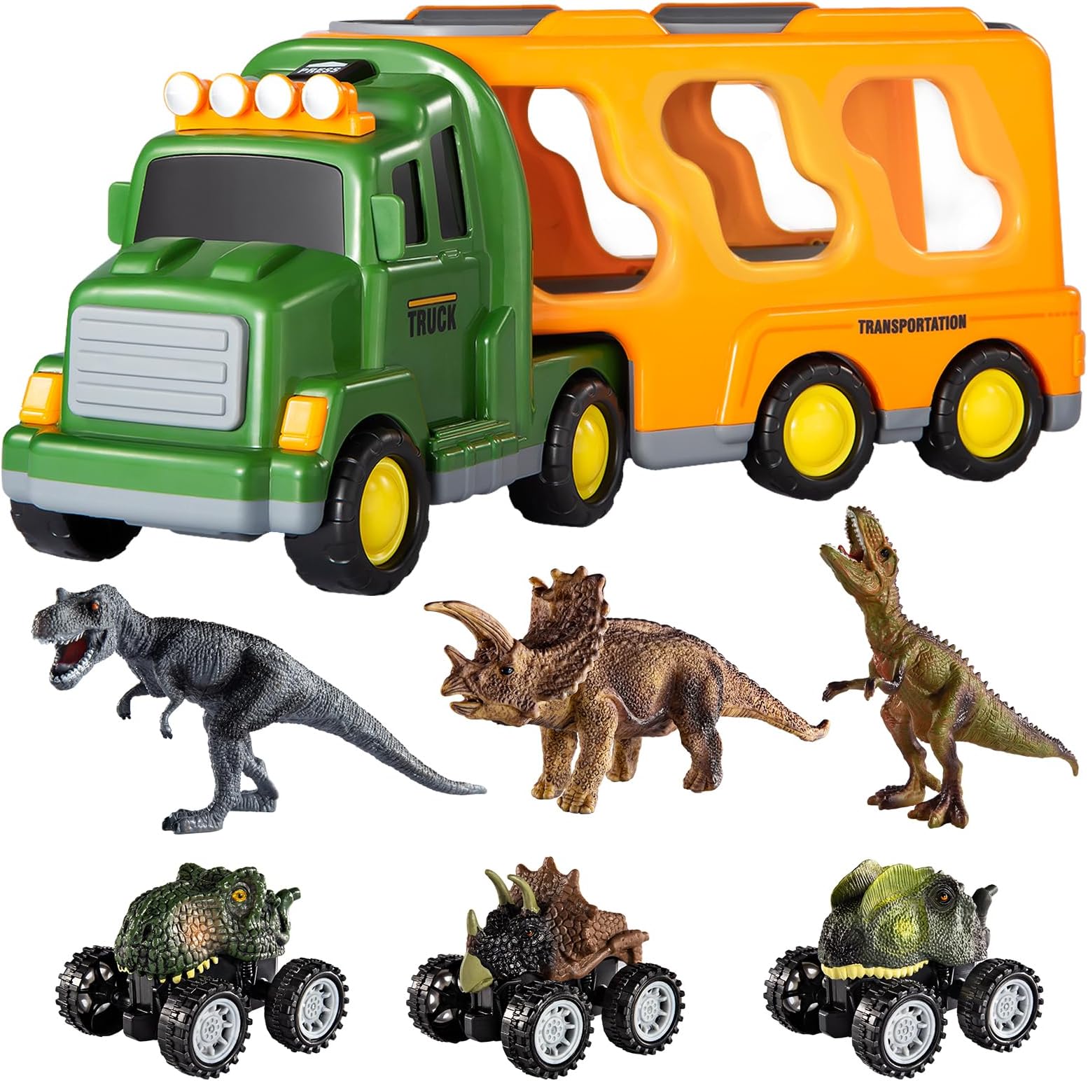 TEMI Dinosaurs Truck Toys for Boys Kids 3-5 Years, Transport Car with 3 Dinosaur Figures and 3 Monster Cars, Friction Powered Toy Vehicle in Carrier with Light and Sound, Toddler Play Gifts Set