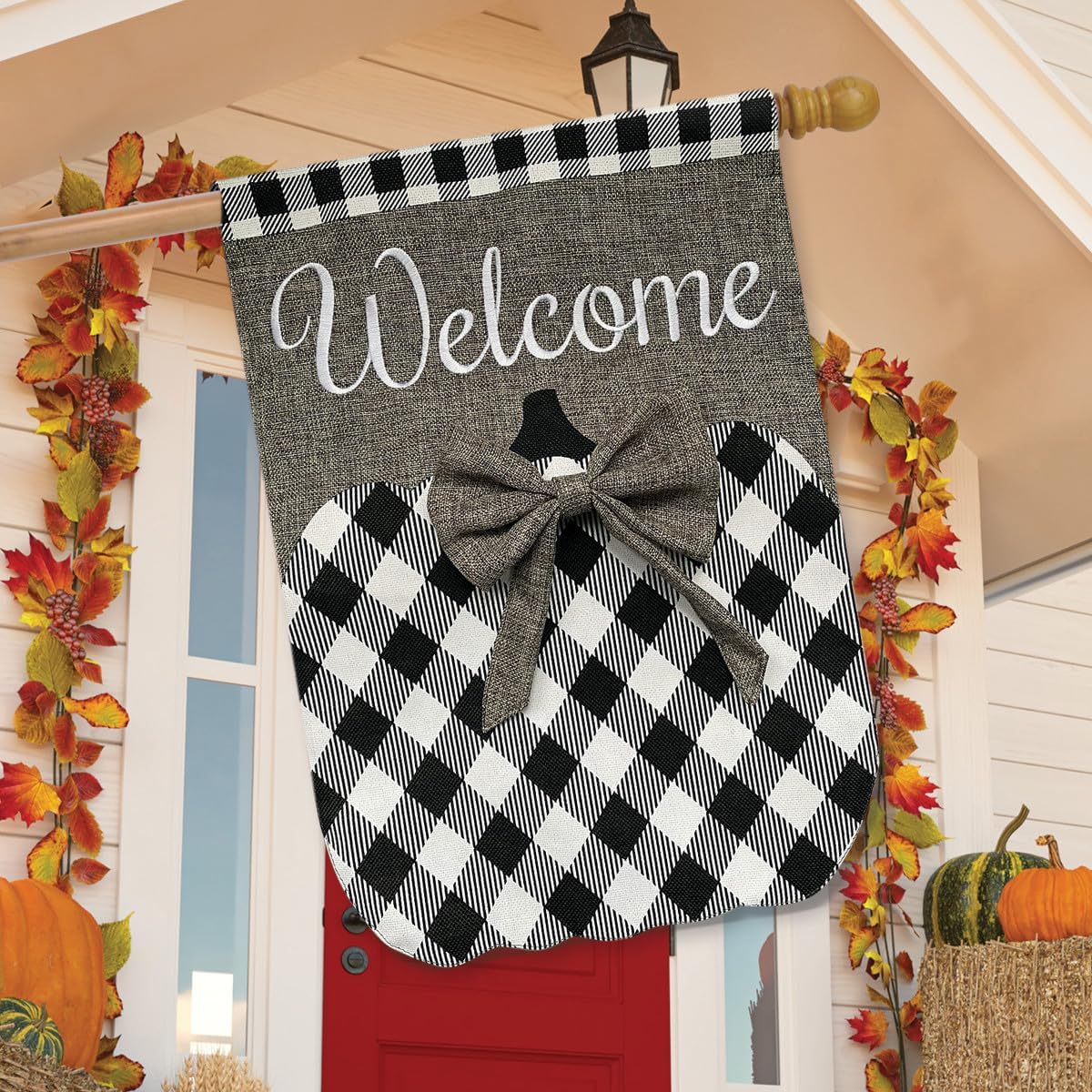 Black and White Pumpkin Burlap Fall House Flag Autumn Welcome Checkered 28"x40"