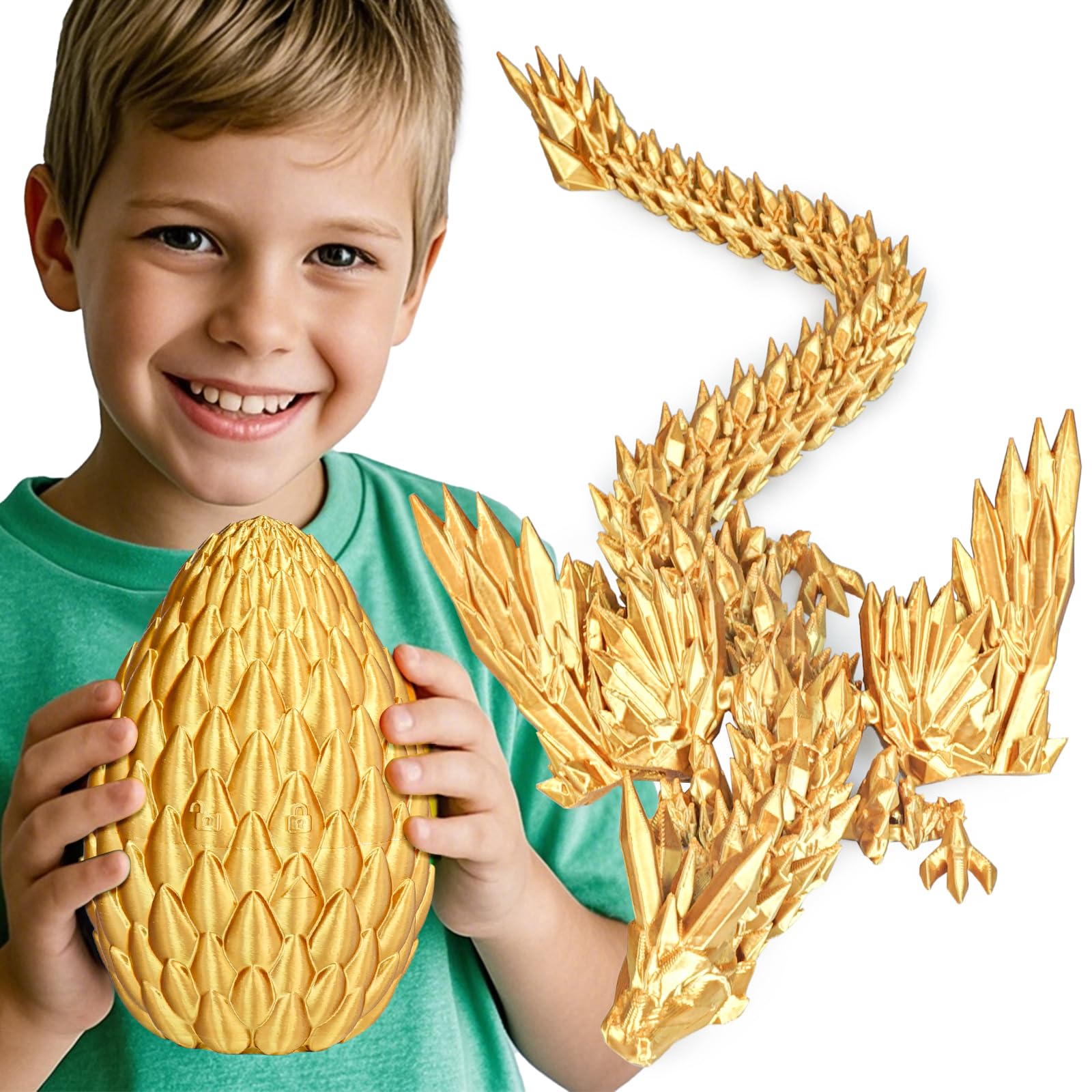 Large 3D Printed Dragon Egg with Articulated Winged Dragon Inside, Collectible Figurine Fidget Toy for Adults Kids, Birthday Easter Stocking Fillers for Friends Colleagues,Gold