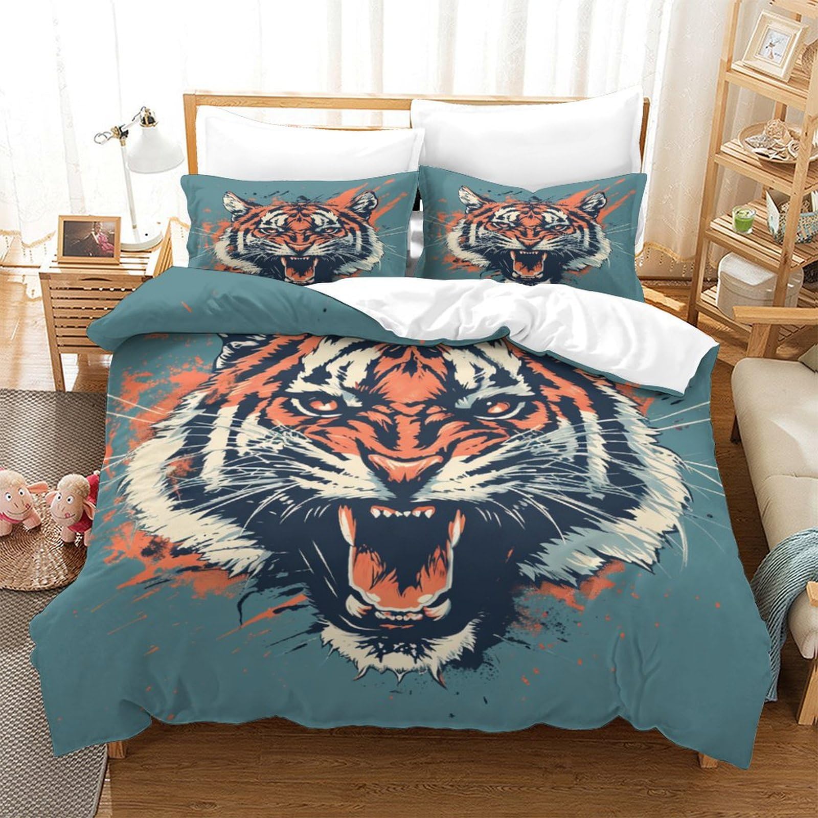 Stampato in 3D tigre Copertina Stampata Microfibra Disegnata Biancheria Da Letto Stile Morbido Set 3 Pezzi,Double（200x200cm）, Per Adolescenti E Adulti