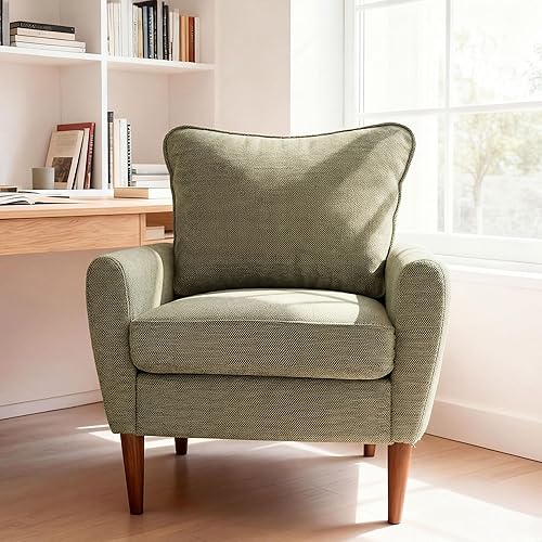 OLIXIS Comfy Accent Chair for Living Room Bedroom and Waiting Room, Upholstered Mid-Century Reading Chair with Pillow and Solid Wood Legs, Wide Singe Modern Lounge Sofa (Green)
