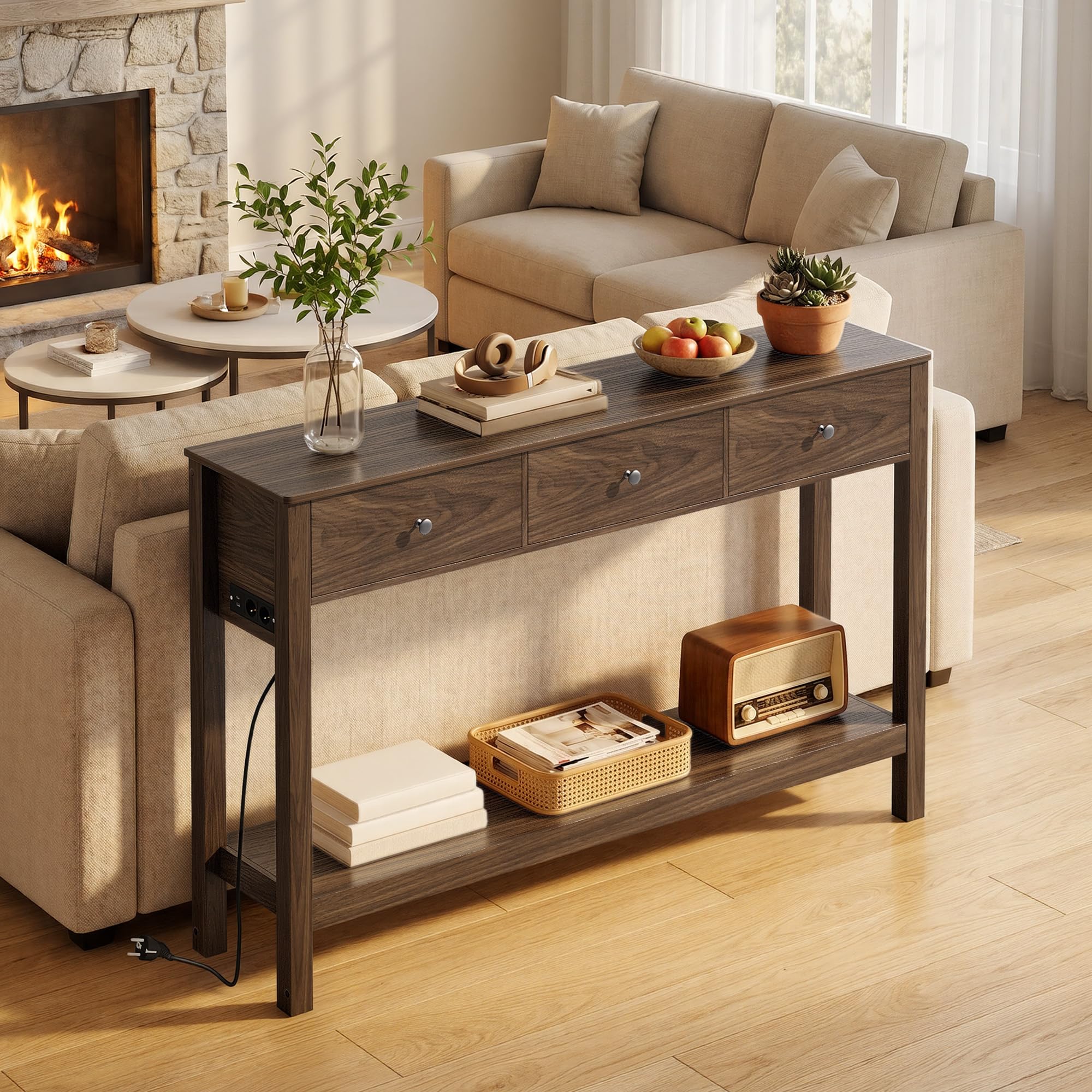 Xbro Mesa de Consola con Tomas de Corriente, Mesa de Pasillo con 3 Cajones y Estante, Mueble Recibidor Entrada para Entrada, Pasillo,Salón,130 x 30 x 80 cm,Marrón