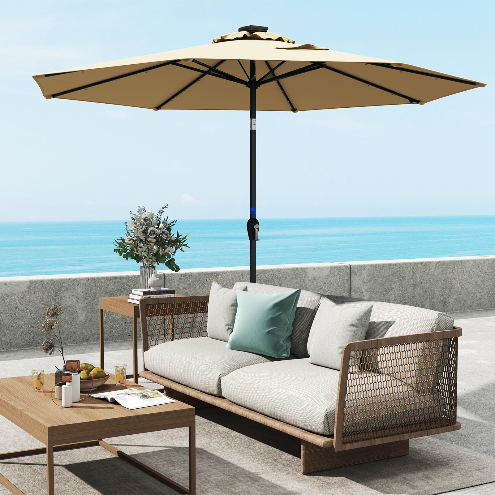 GYMAX Ombrellone da Giardino 3x3 M, con Luci LED Solare, Ombrello Inclinabile Regolabile, da Terrazzo Patio Spiaggia