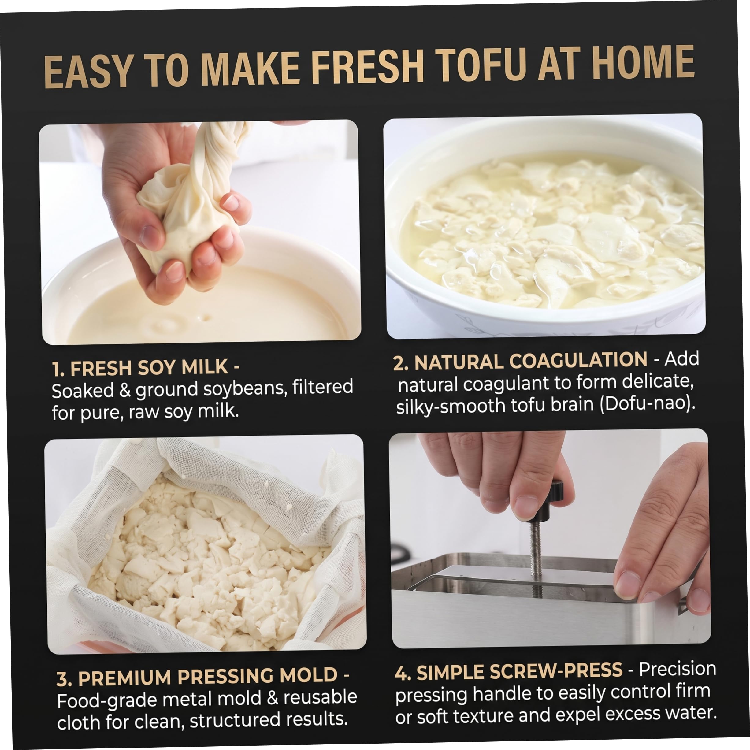 Prensa de Tofu de Acero Inoxidable, máquina para Hacer paneer y Prensa para Queso: diseño de prensado rápido con Espesor Ajustable, Incluye Bolsa de Filtro, Gasa y Bandeja de Goteo.