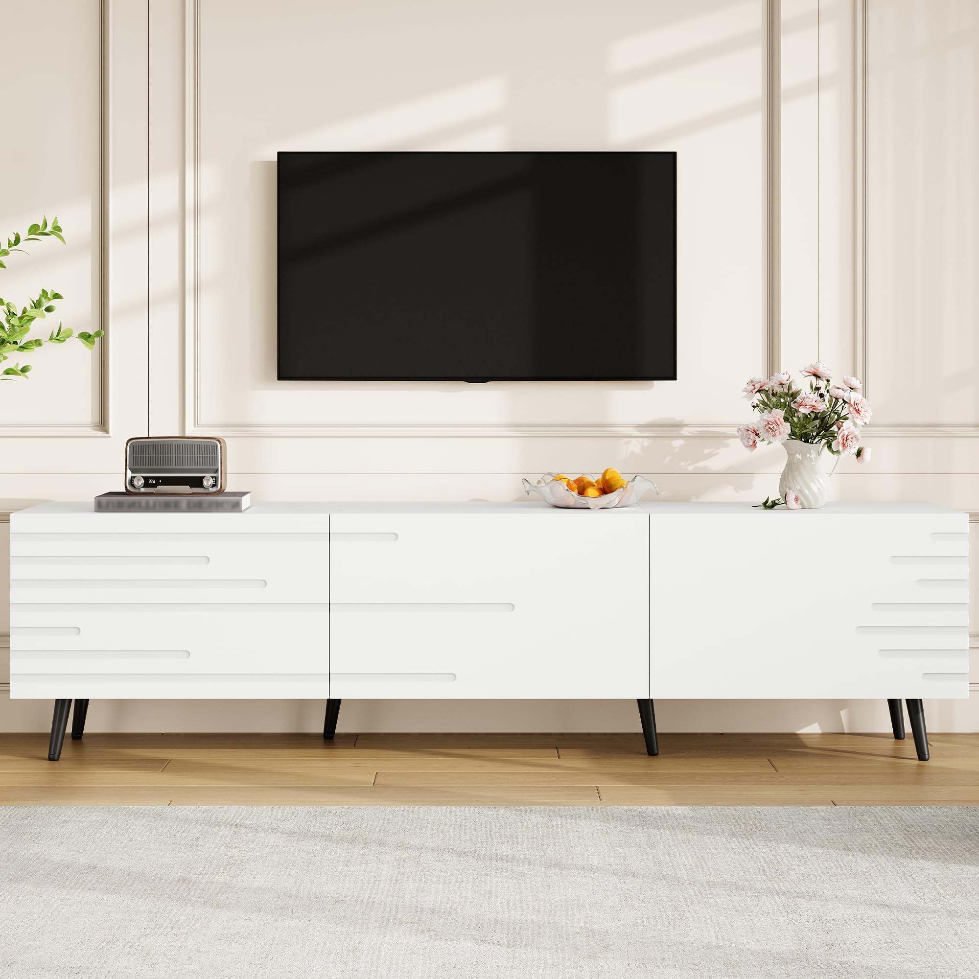 Mobile TV grande 180 x 40 x 48 cm, con 3 ante a battente, design stampato, bianco, adatto per televisori da 80", grande capienza, materiale MDF.