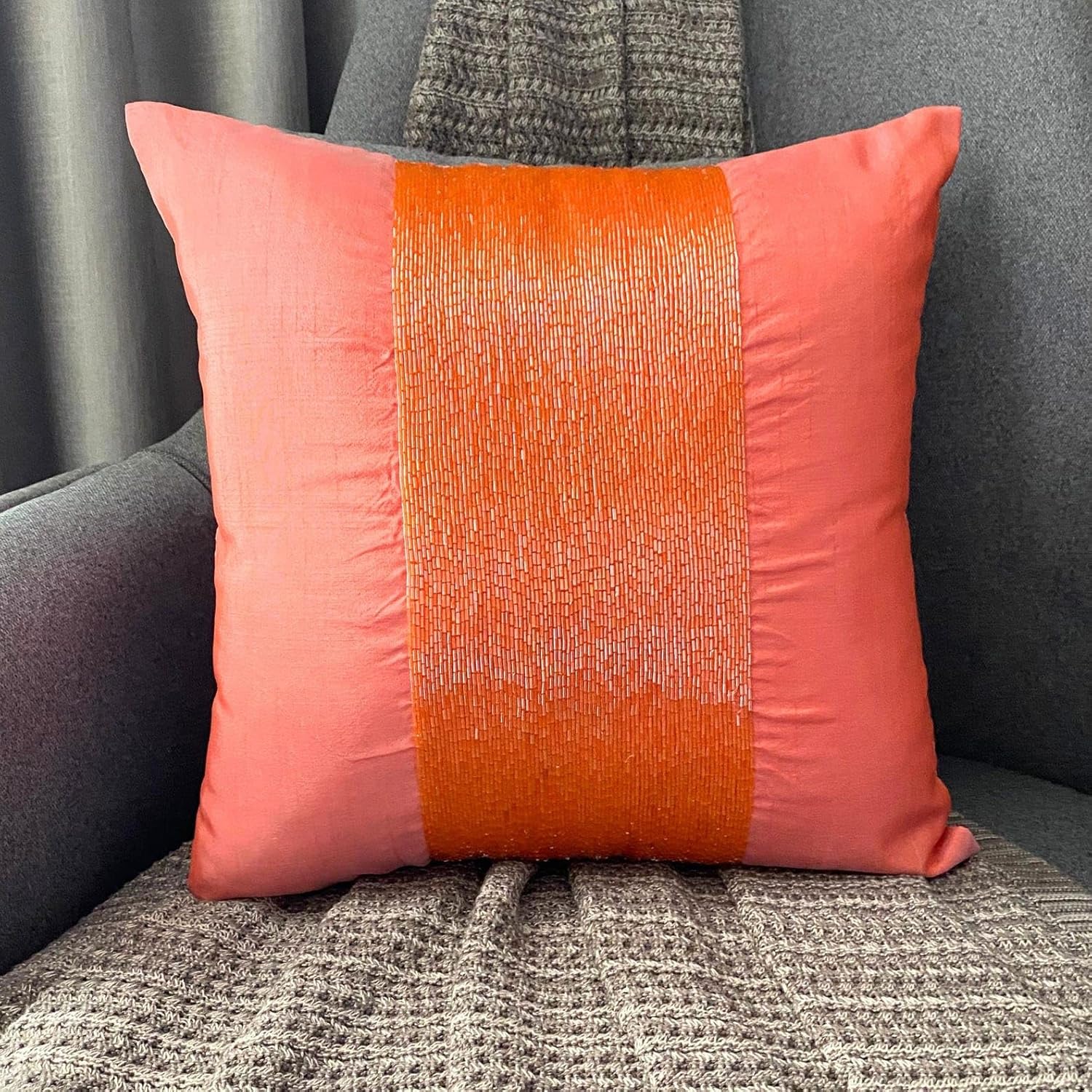 The HomeCentric Decorative Pillow Cover, Orange Pillows Cover, Beaded Centered Pillows Cover, Throw Pillow Covers 14x14 inch (35x35 cm) Square Silk Pillows Cover, Solid Pillows Cover - Peachy Orange