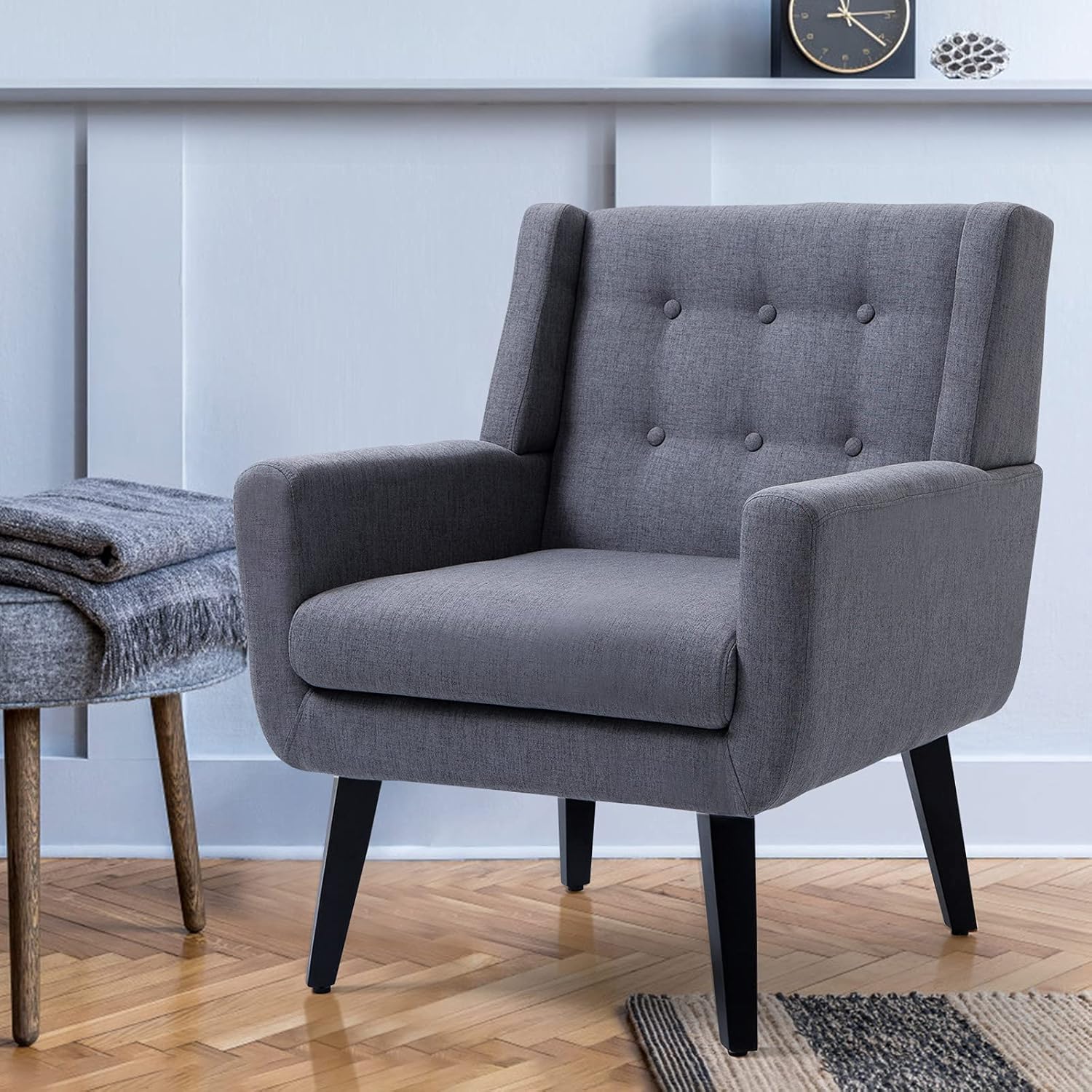 AVAWING Morden Accent Chair, Mid-Century Modern Upholstered Sofa Chair with Rubber Wood Legs, Comfy Linen Fabric Armchair for Living Room, Bedroom, Office (Grey)