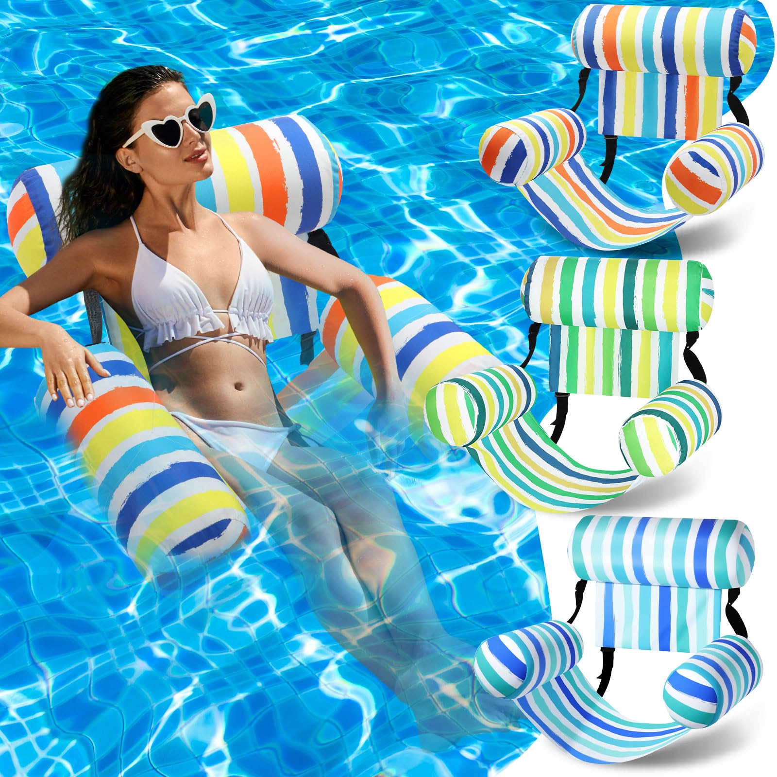 Sonwyoung 3 Pack Inflatable Pool Floats Chairs Adult Floating Lounge Summer Chair Adjustable Hammock Water Floating Chair Swimming for Party Beach Water Lake Fun(Stripe Style,Cool Color)