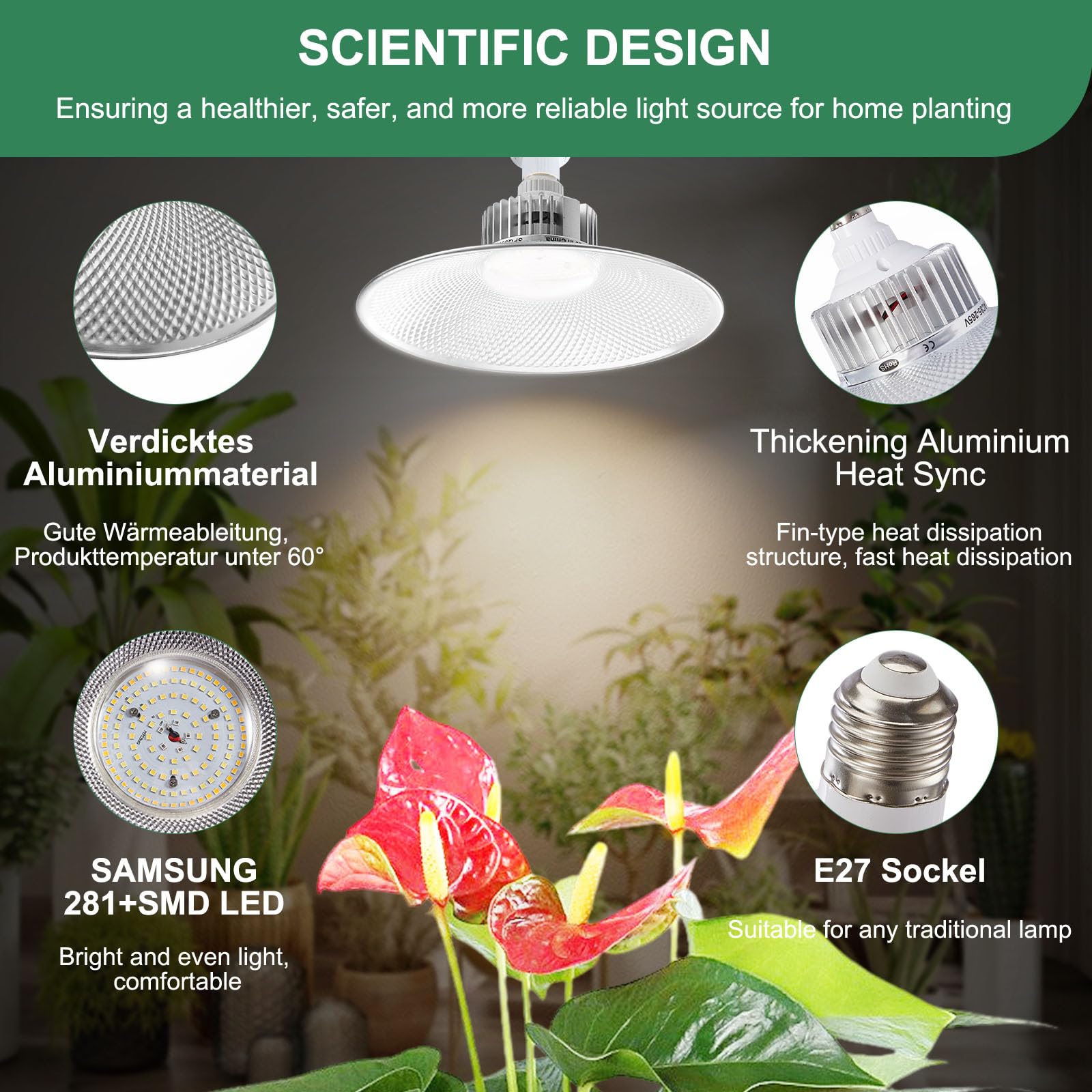 Lampada a LED da 36 W, a spettro completo, E27, 400 W, equivalente Grow Light, 4100 K, lampada a LED per crescita Full Spectrum con alto PPFD per piante da interno, fiori, frutta e verdura