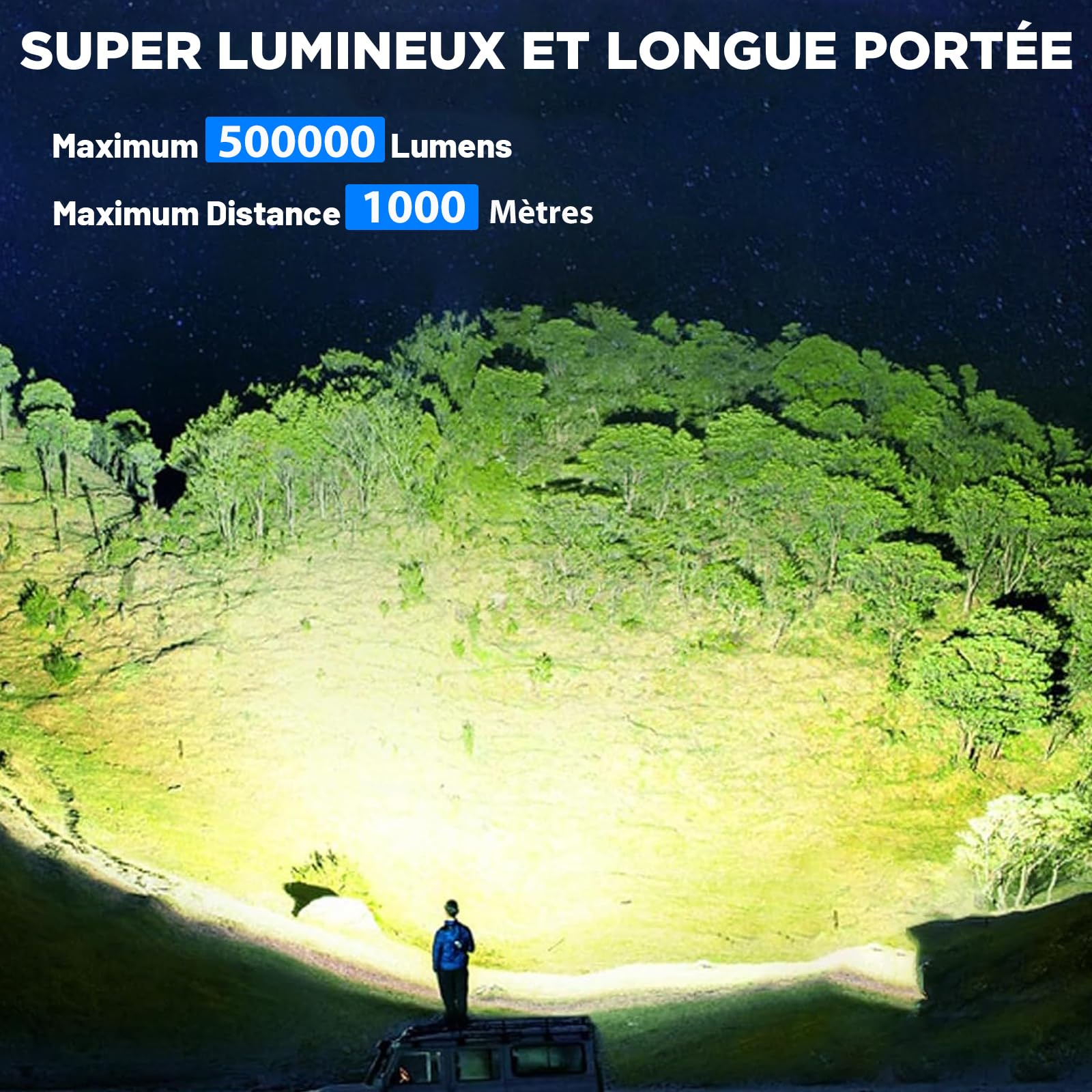 ZEUSFIRE Lampe Torche LED Ultra Puissante, 500000 Lumens Lampe Torche LED Rechargeable, Super Lumineuse 7 Modes Longue Durée, IPX7 Étanche Lamp Torch Pour Camping, Randonnée
