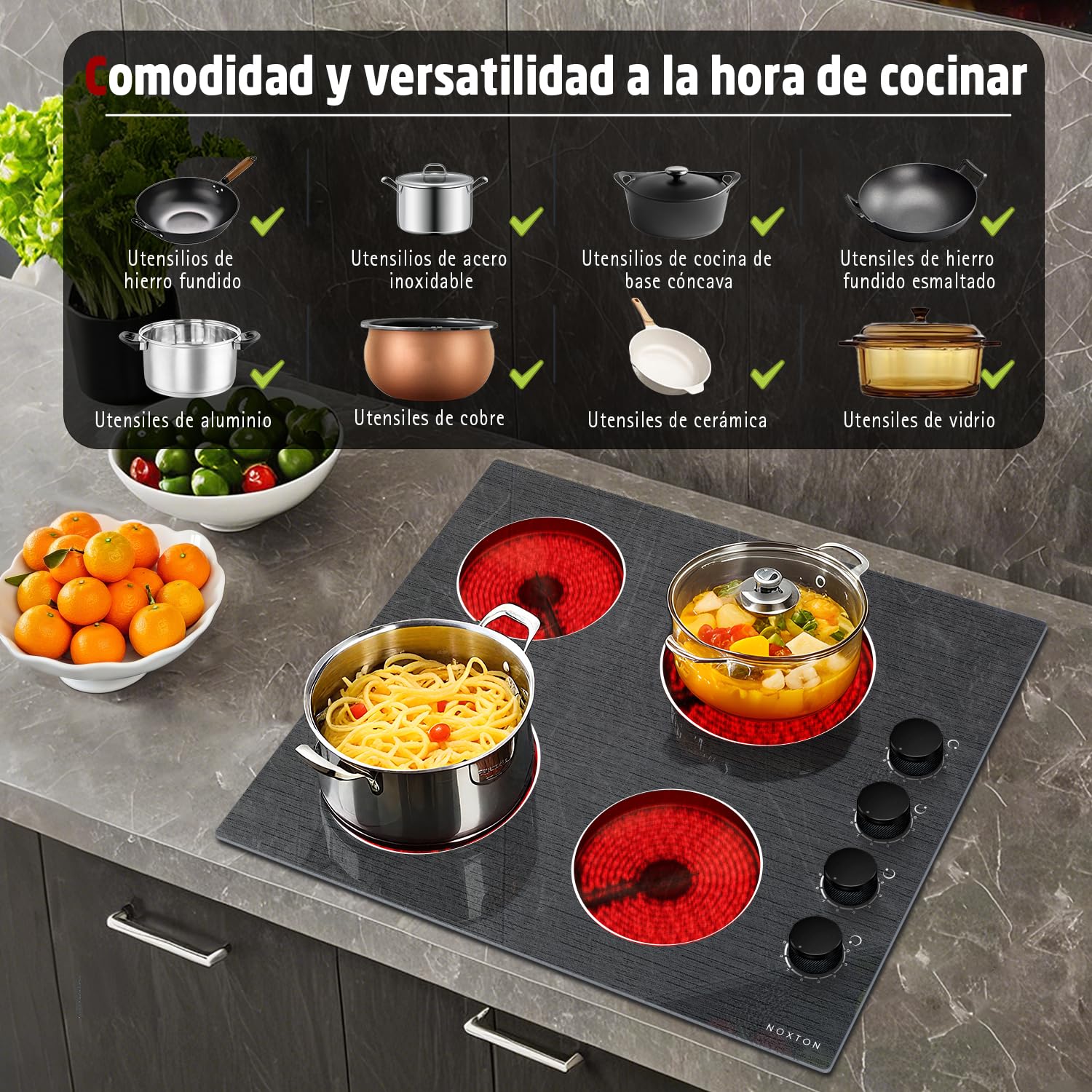 NOXTON Placa Vitrocerámica 4 Fuegos, Encastrable, Mandos Giratorios