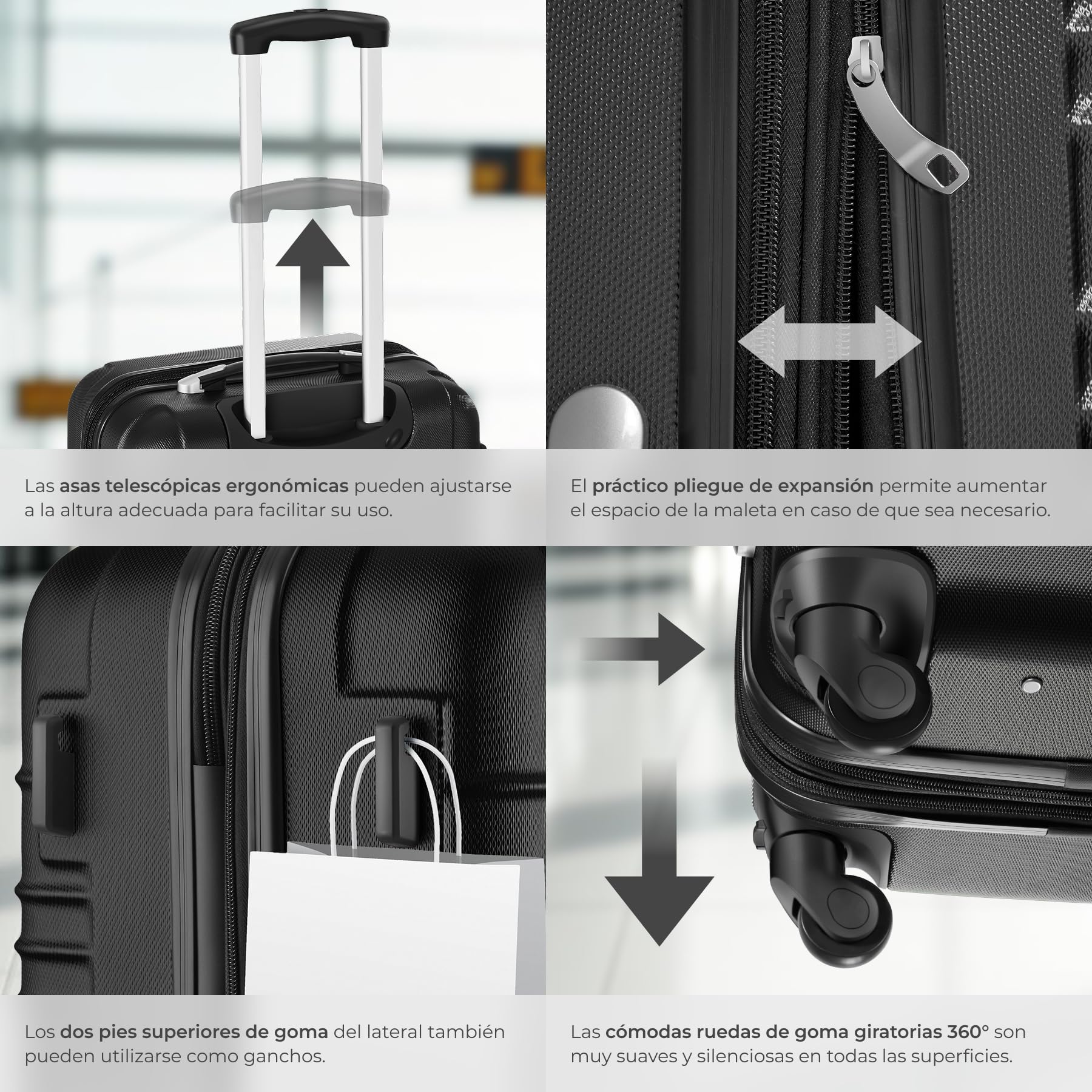 tectake® Juego de 4 Maletas Rígidas de Plástico ABS, Tamaños XL-L-M-S, Set Maletas Viaje con Ruedas de 360º, Cerradura de Combinación TSA, Asa Telescópica de Aluminio, Interior Compartimentado - negro