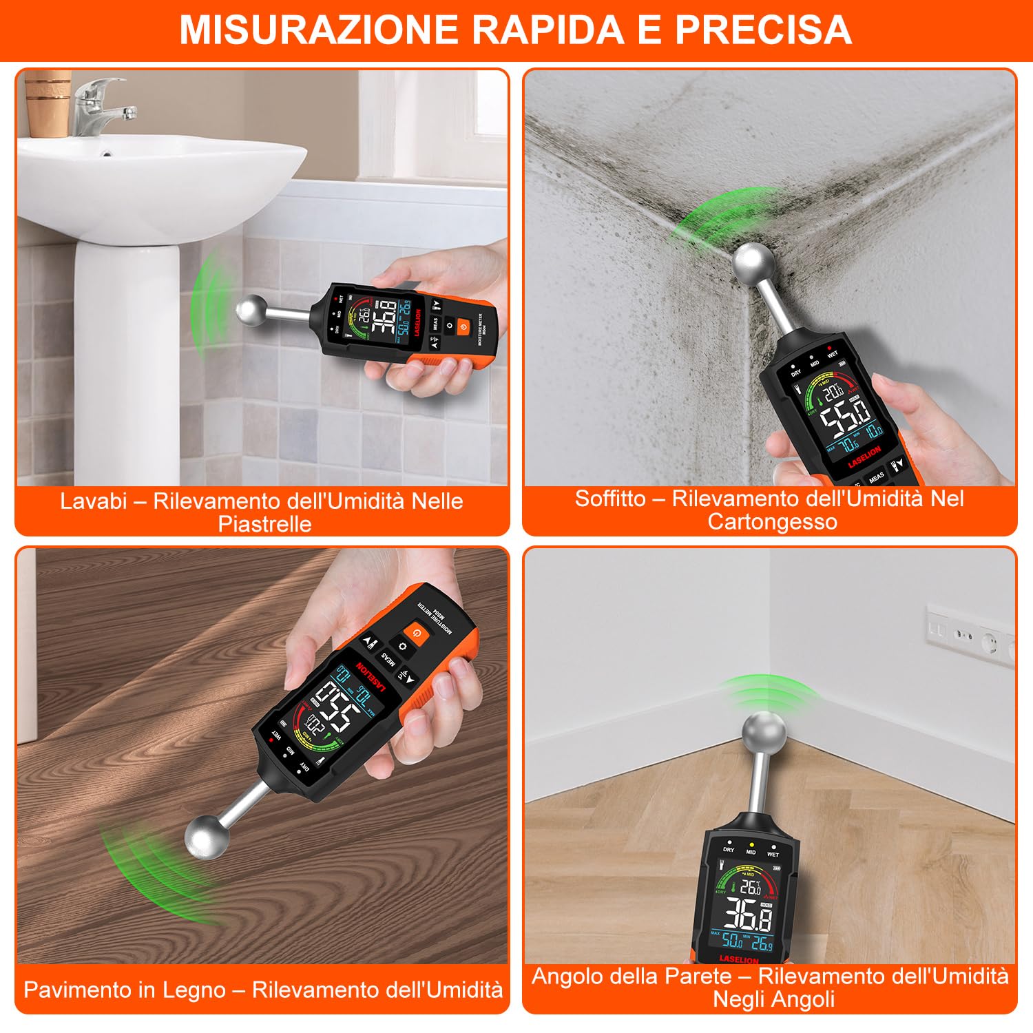 LASELION Misuratore di Umidità Non Distruttivo - Sensore Sfera 5-40mm, Temperatura in Tempo Reale (°C/°F)，Rileva Umidità Nascosta su Legno/Pareti/Cantiere, Allarmi Personalizzabili - MS04