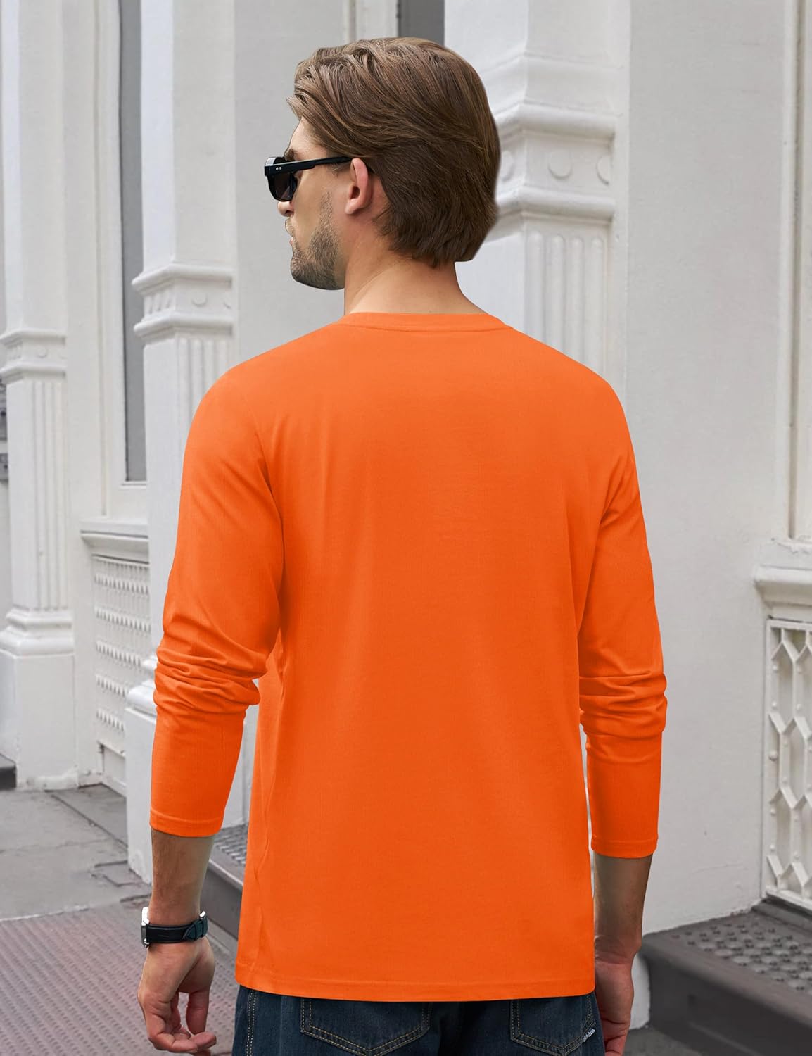 Cotrasen Cotton Long Sleeve Pocket Tee Shirts for Men Crew Neck Casual Breathable Comfortable T Shirts for Men Orange L - Image 4