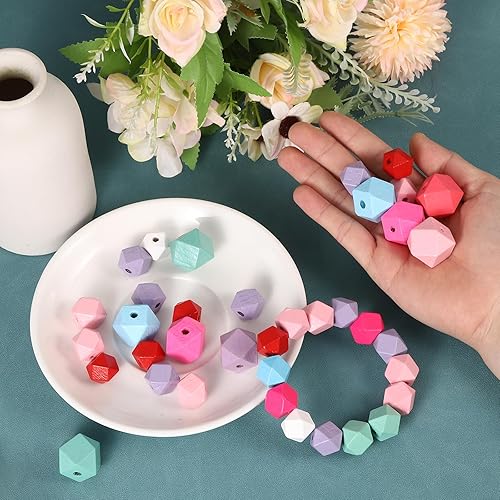 Miniatura 4 de uxcell 60 cuentas hexagonales de madera natural de 0.787 in, cuentas espaciadoras de madera poligonal de agujero grande para manualidades, pulseras