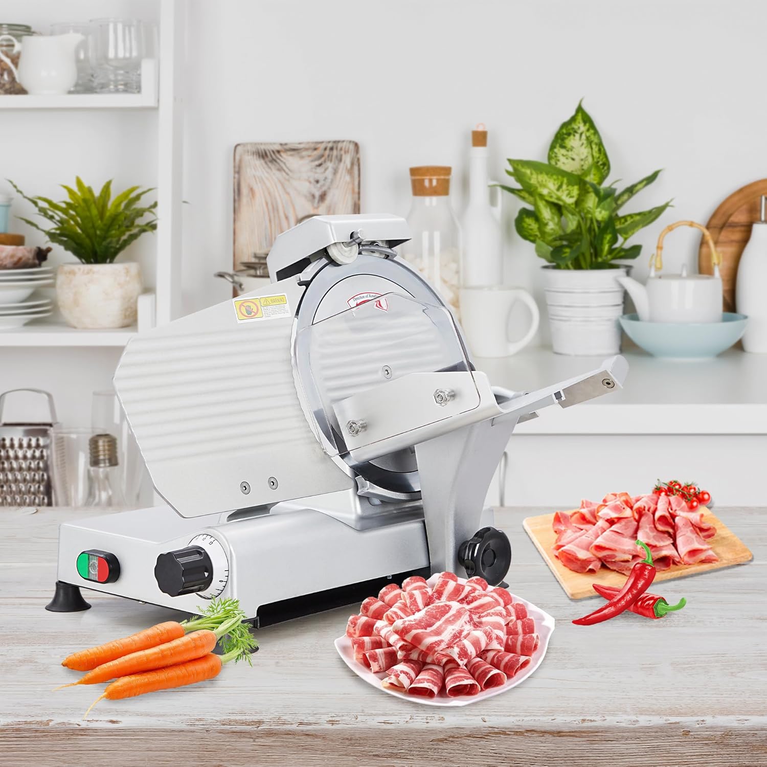 Powerful 240W Dual Motors Automatic Meat Slicer with 10" Carbon Steel Blade,10 inch Meat Slicer, 0-12mm Adjustable Thickness,Commercial/Home Use, Adjustable Thicknessfor Cheese, Veggies, Ham