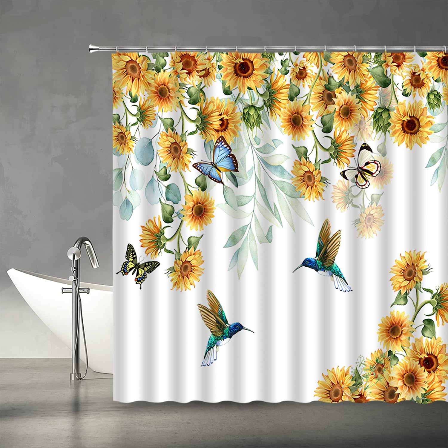 Sunflower Hummingbird Shower Curtain Rustic Watercolor Yellow Flower Butterfly Country Farmhouse Vintage Fabric Bathroom Curtains Decor Set with Hook(70" Wx84 H)