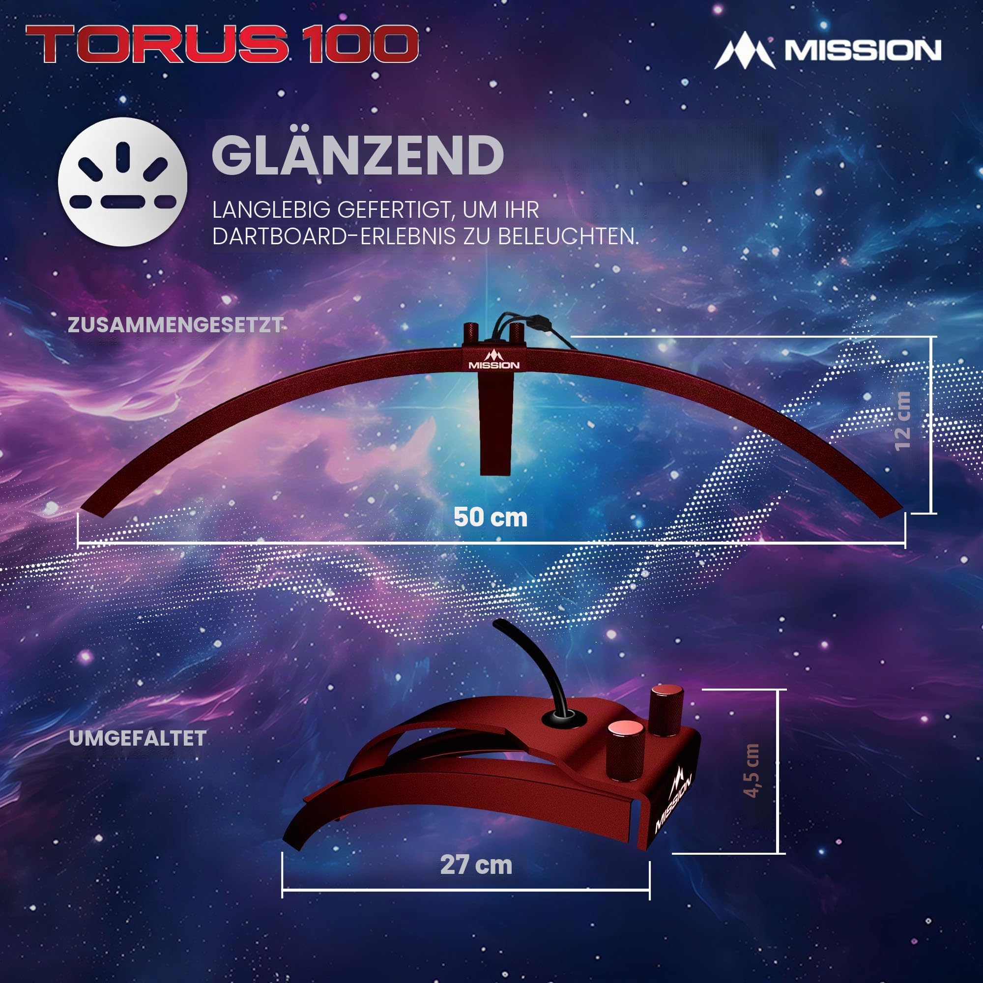 Mission Darts TOR100 Torus 100 | Dartscheibe LED klappbar tragbar Dartscheibe Reise Beleuchtungssystem