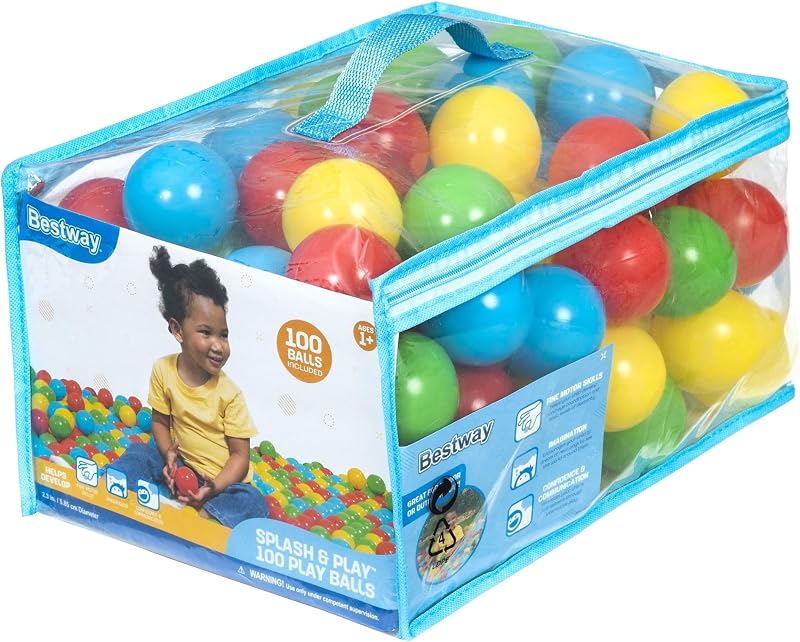 Splash & Play 100 Ball Pit Balls, Multi-Color, 2.3" Balls, Ages 1+ | Heavy-Duty Plastic Play Balls, Use With or Without Water, Puncture-Resistant Material, Motor Skill Development, Airtight Seam