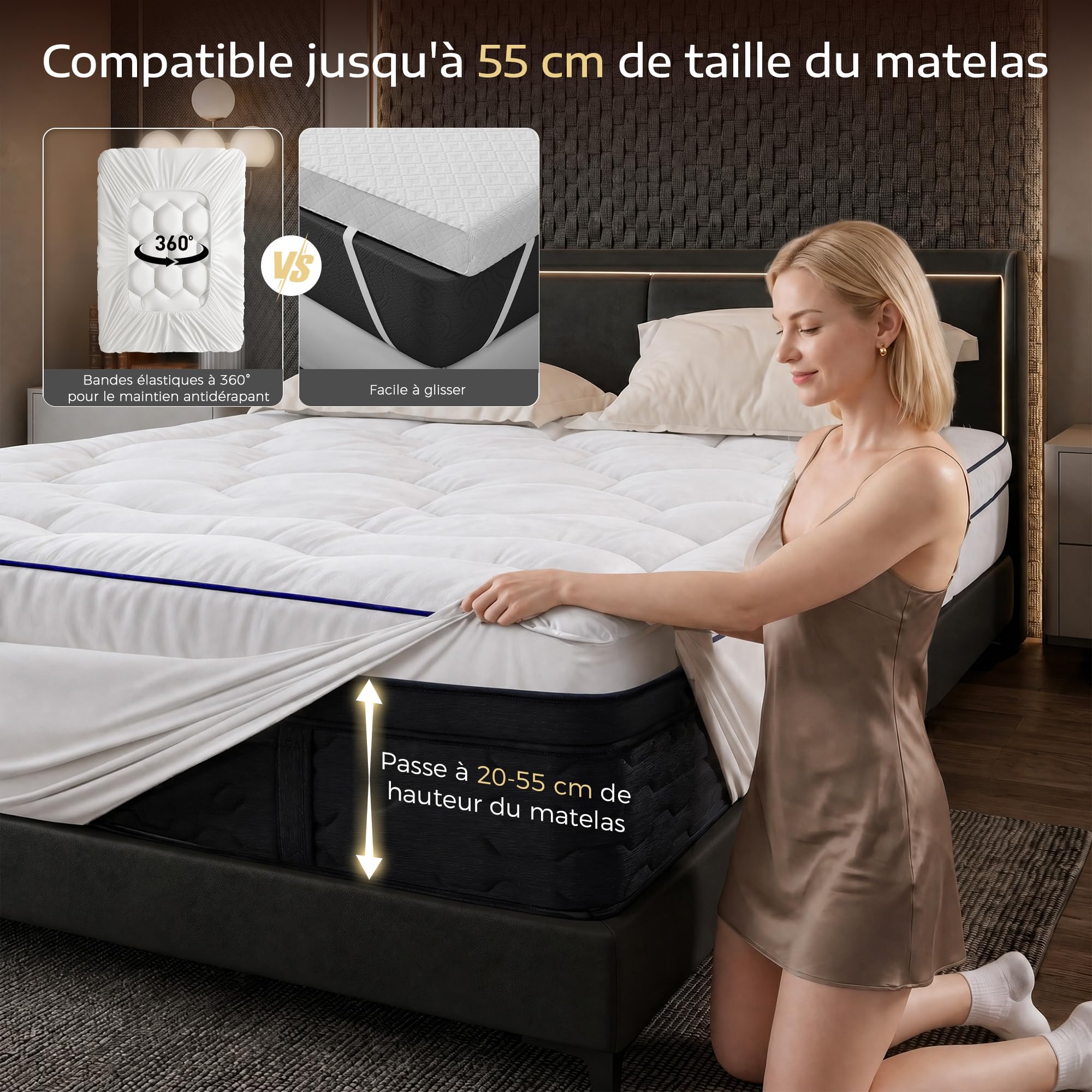 Surmatelas 140x190 cm, 1200 g/m³ Microfibres Remplissage, 20-55cm 360° Poche Profonde Antidérapant, 8 cm d'épaisseur Surmatelas, Respirante, adaptée aux Matelas à Ressorts fermes, canapés-Lits