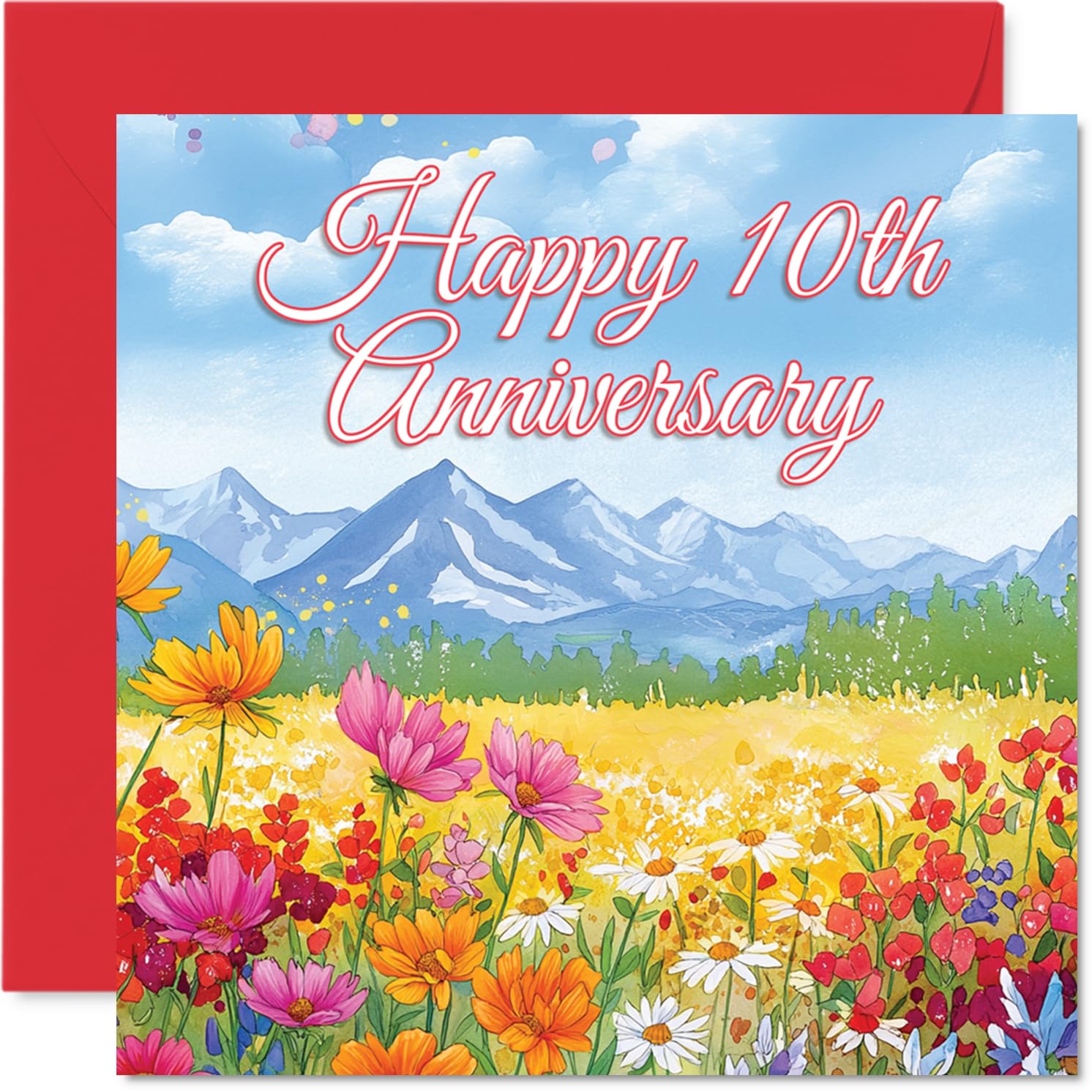 Milestone 10th Anniversary Card - Bright Wildflower Meadow Scene - Cheerful Flowers and Snowy Mountains for a 10th Year Celebration - 145mm Square, Envelope Included