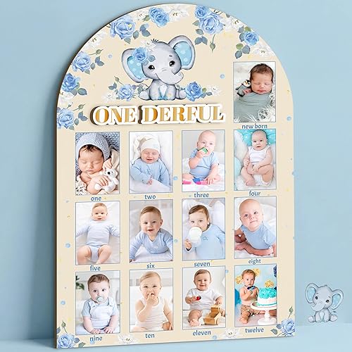 R HORSE My First Year Photo Display Wood Board - 3D Blue Elephant Baby's First Year Picture Frame, 12 Months Milestone Board Neutral Baby Keepsake Gift 1st Birthday Nursery Decor for Boy Girl