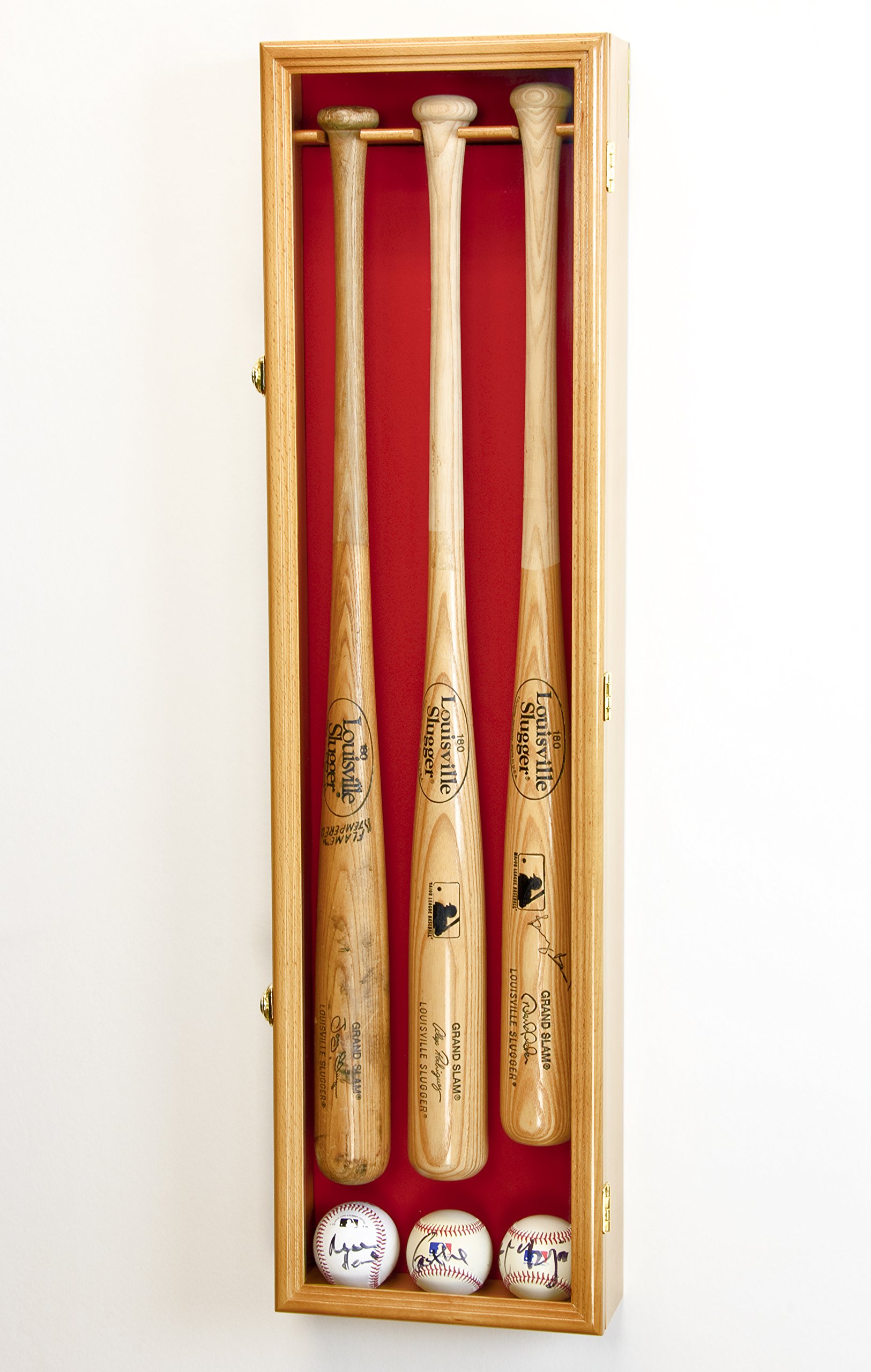 3 Baseball Bat Display Case Cabinet Holder Wall Rack Custom Options 98% UV - Lockable (Oak Wood Finish, Red Felt - Vertical Mounting)