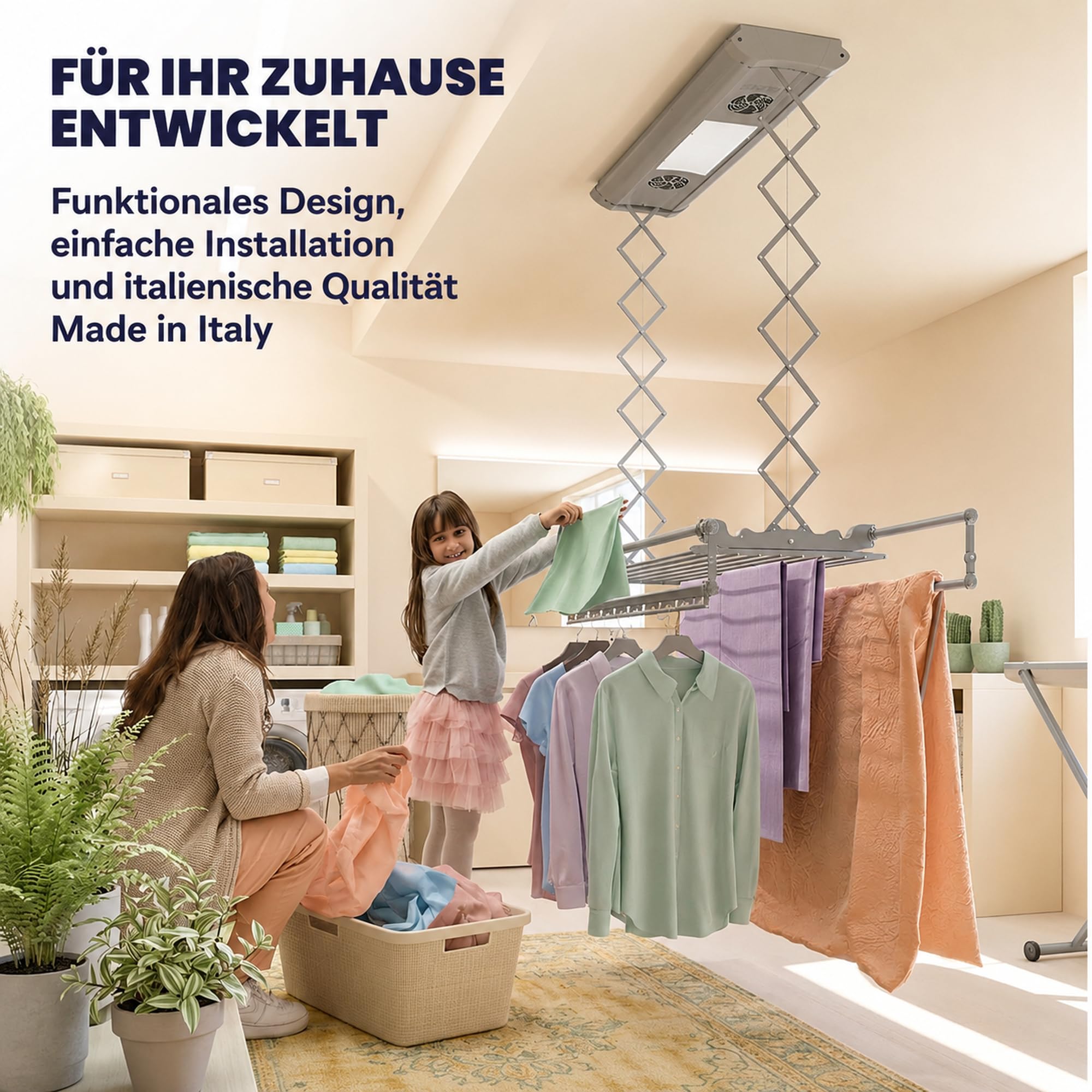 Foxydry Air, elektrischer, Ferngesteuerter, deckenwäschetrockner, 160 cm | platzsparend, aus aluminium, motorisiert, ausziehbar, geeignet für bettwäsche, trägt 35 kg, grau