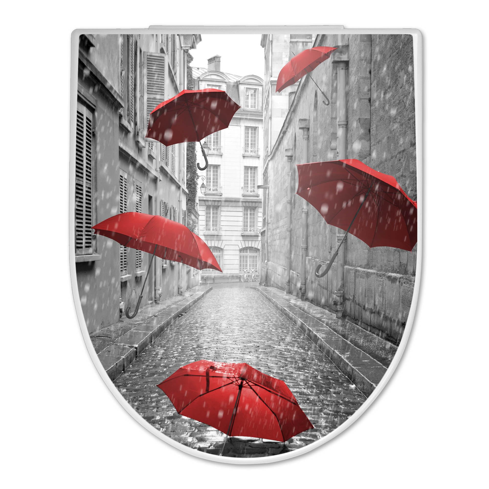 banjado WC Sitz mit Absenkautomatik D Form - Toilettendeckel mit Absenkautomatik D Form - Klodeckel Softclose - stabile Klobrille - Toilettensitz Weiß - Motiv Rote Schirme