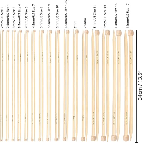 Miniatura 2 de Curtzy Juego de agujas de tejer de bambú, 16 pares de agujas de tejer rectas de madera con estuche de almacenamiento, de una sola punta en tamaños