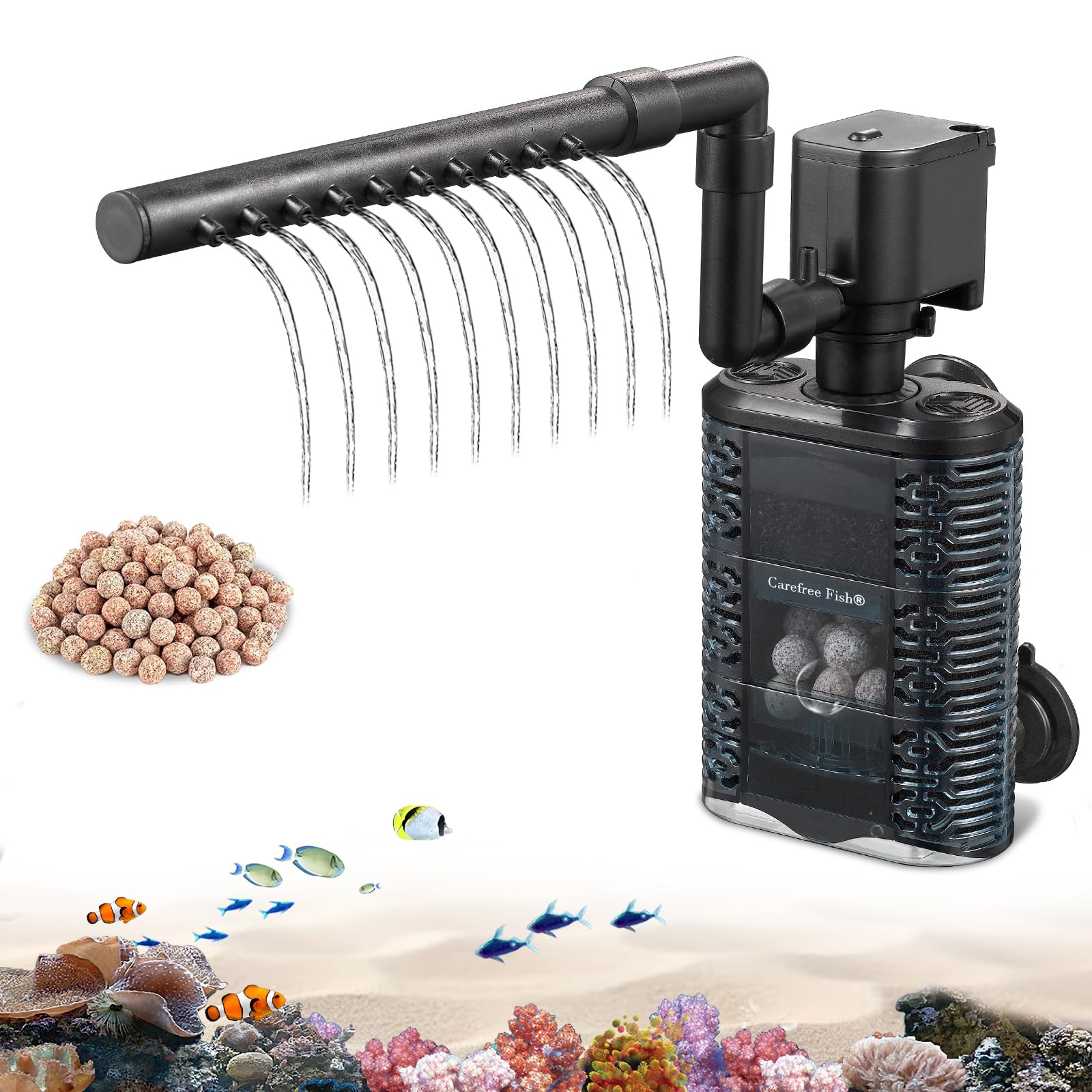 Carefree Fish Aquarium Small Sponge Filter for 3~15Gal Fish Tank Quiet for Saltwater and Freshwater with Biochemical Filtration Balls and Biochemical Filtration Sponge