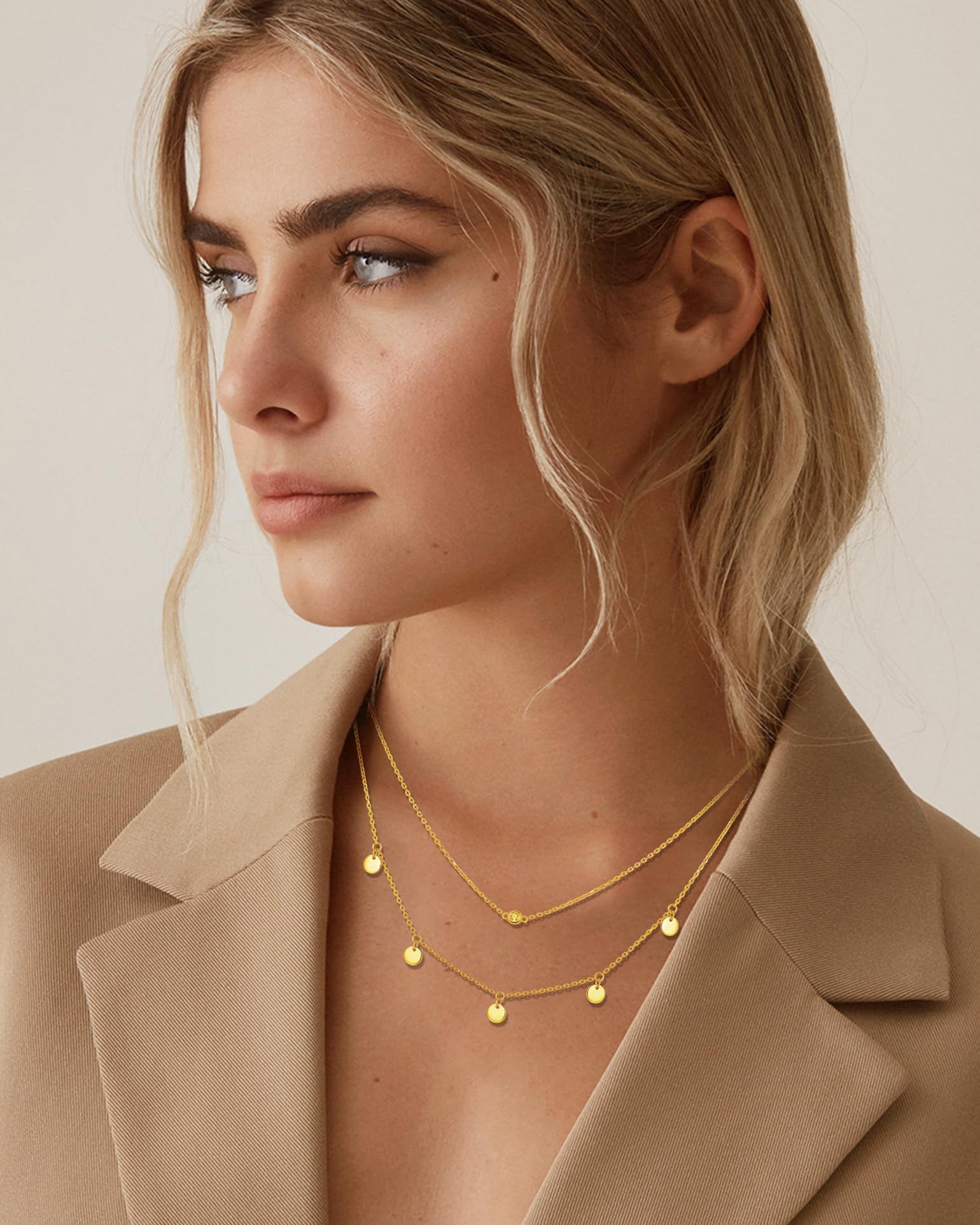 FANCIME Collar con capas para mujer con colgante, chapado en oro amarillo de 14 quilates, collar personalizado delicado de varias filas, collar de plata de ley 925, joyas para mujer y niña