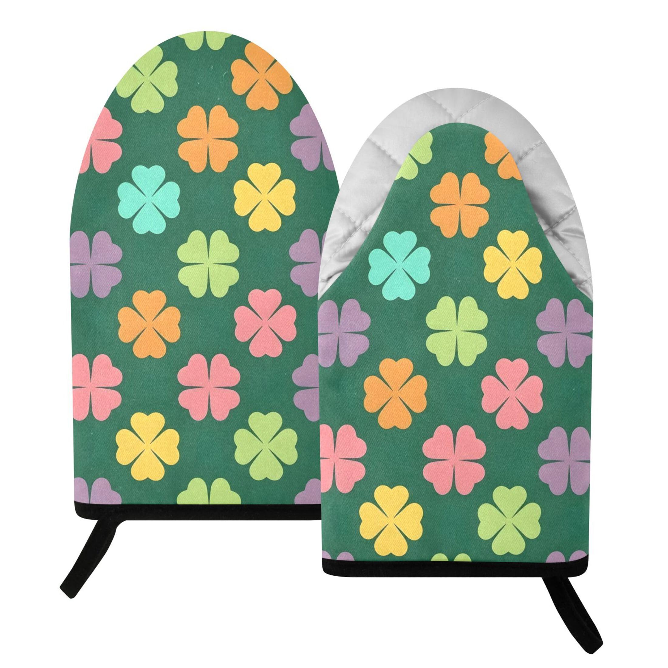 Kutsu Colorful Clover Leaves Oven Mitts for Kitchen, Heat Resistant Cotton Oven Gloves for BBQ Baking Cooking, Breathable Kitchen Essentials, 2 pcs