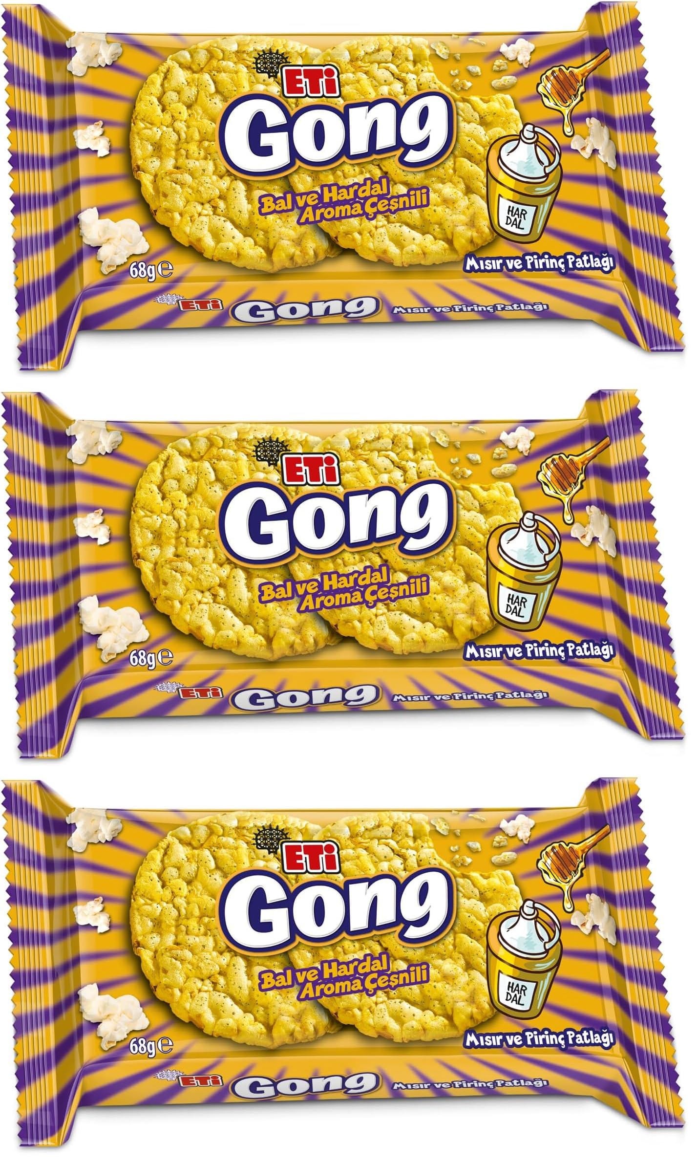 Eti Gong Ballı Hardallı Mısır ve Pirinç Patlağı 68 g 3lü paket