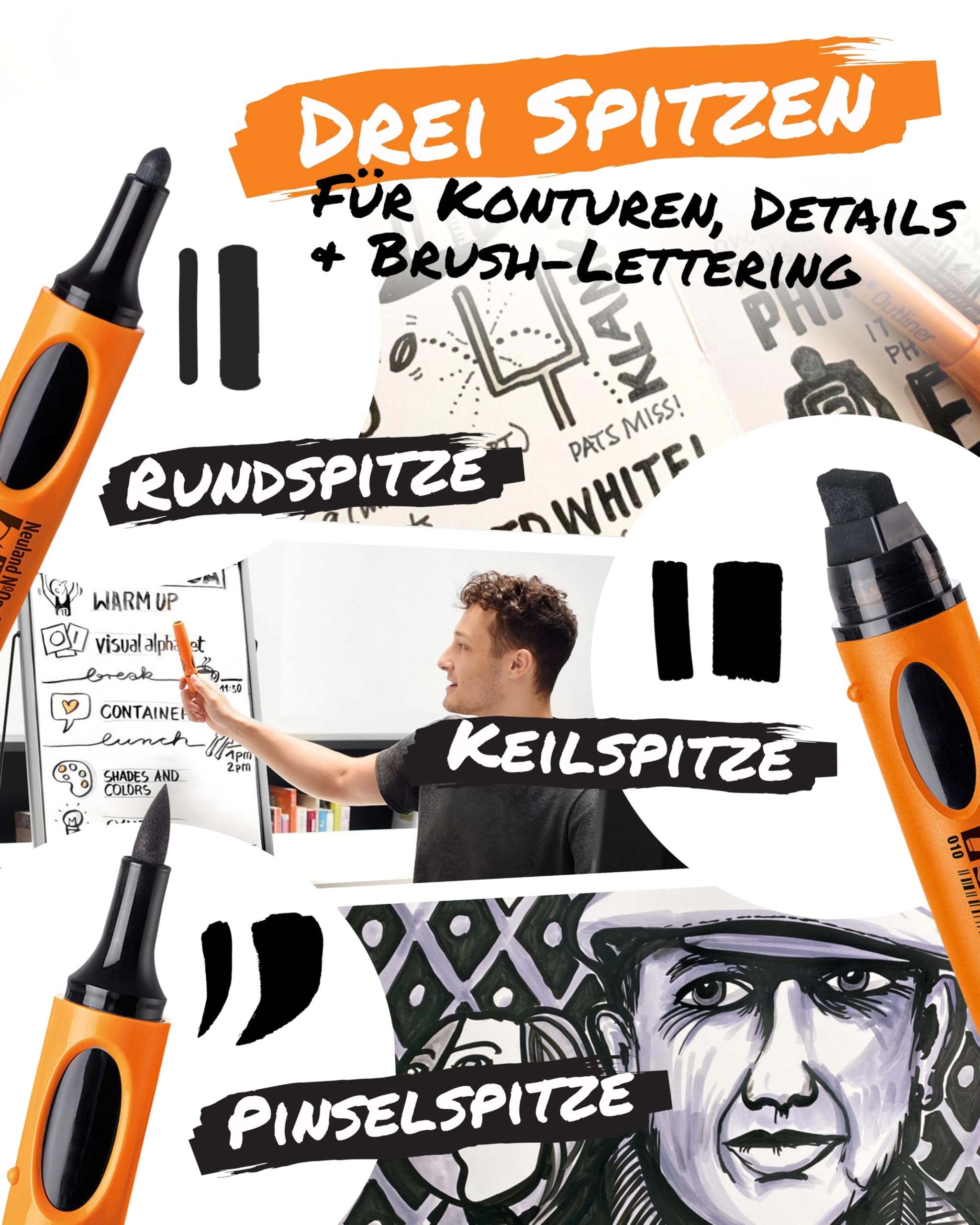 Neuland Outliner-Set I 8er Mix-Set in Schwarz mit verschiedenen Spitzen I Nachfüllbare & ergonomische Permanentmarker I Ideal für sattschwarze, verwischfeste Konturen in allen Formaten