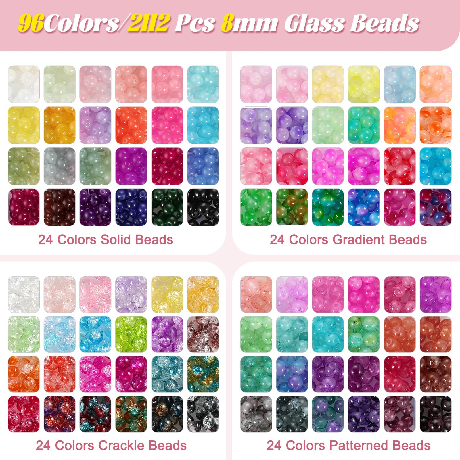 Perline di vetro da 8 mm per la creazione di gioielli, 4 tipi di 96 colori, kit per la creazione di braccialetti e perline di vetro, 2276 pezzi, perline di cristallo rotonde per bracciali, collane