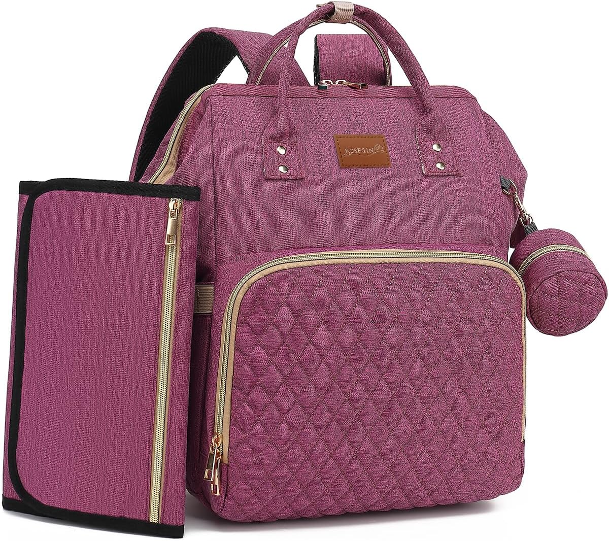 ROSEGIN Diaper Bag Backpack with Changing Pad, Pacifier Case, Baby Bag for Boy Girl Toddler - Large, Stylish, Waterproof Travel Quilted Diaper Bag for Mom - Baby Shower - Purple