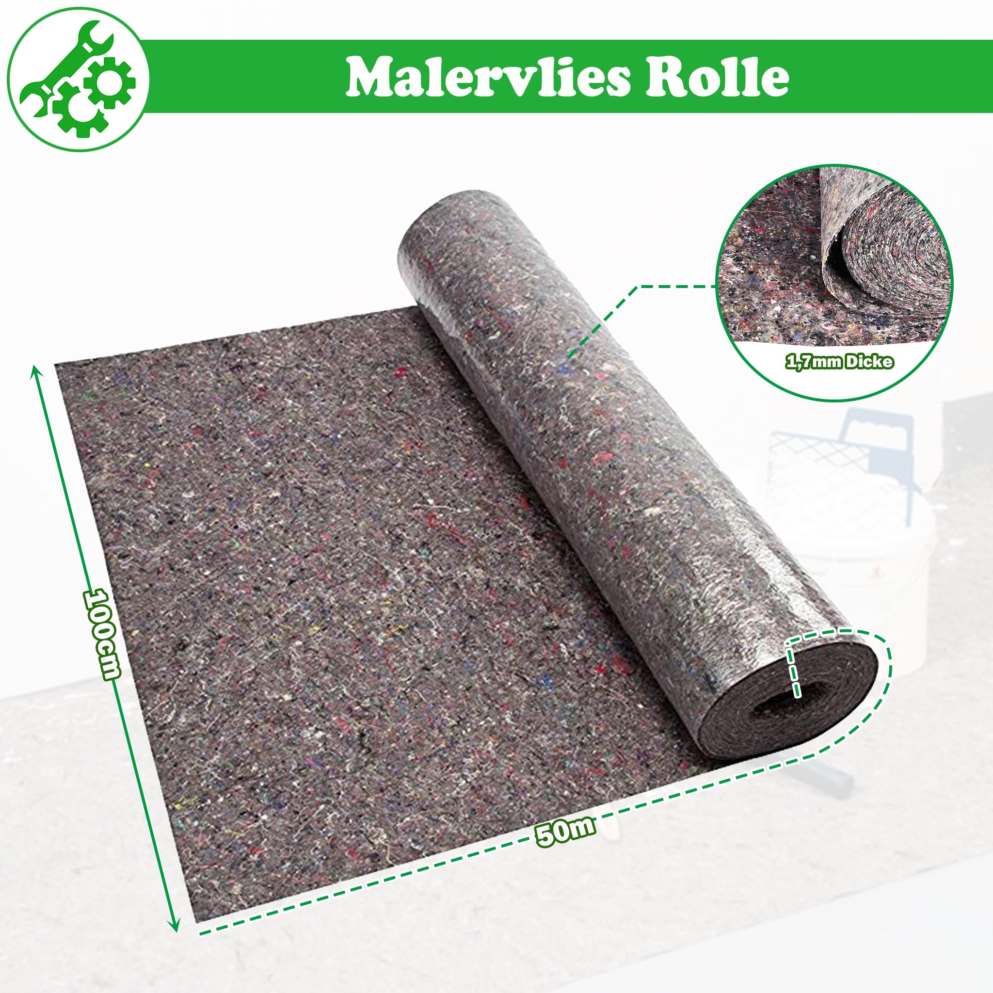 SUBTLETY Rollo de fieltro de pintor de 50 m, 180 g/m², fieltro antideslizante con resistente al agua, cubierta y protección para suelo, 1 m de ancho, paños de pintura para empapelar, bricolaje